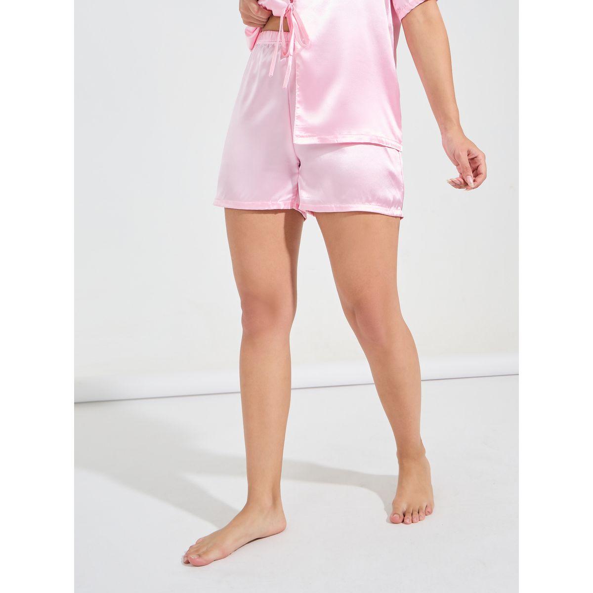 Styli Unwind Solid Satin Tie Front Shirt & Short Set-women-clothing-nightwear-pyjamas-shortsets-image-4