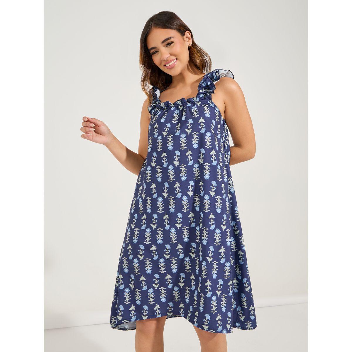 قميص نوم بطول الركبة مطبع بزهور مع حمالات بكشكش-women-clothing-nightwear-nighties-image-1