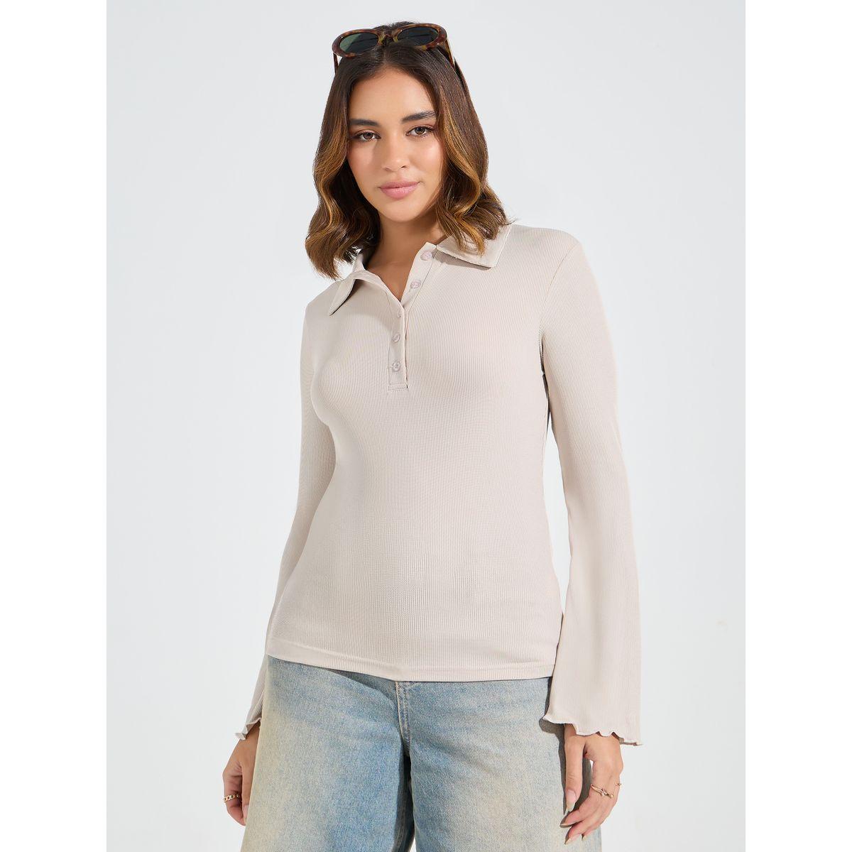 تيشيرت مجسم بياقة بولو مع ازرار-women-clothing-tshirts-image-4