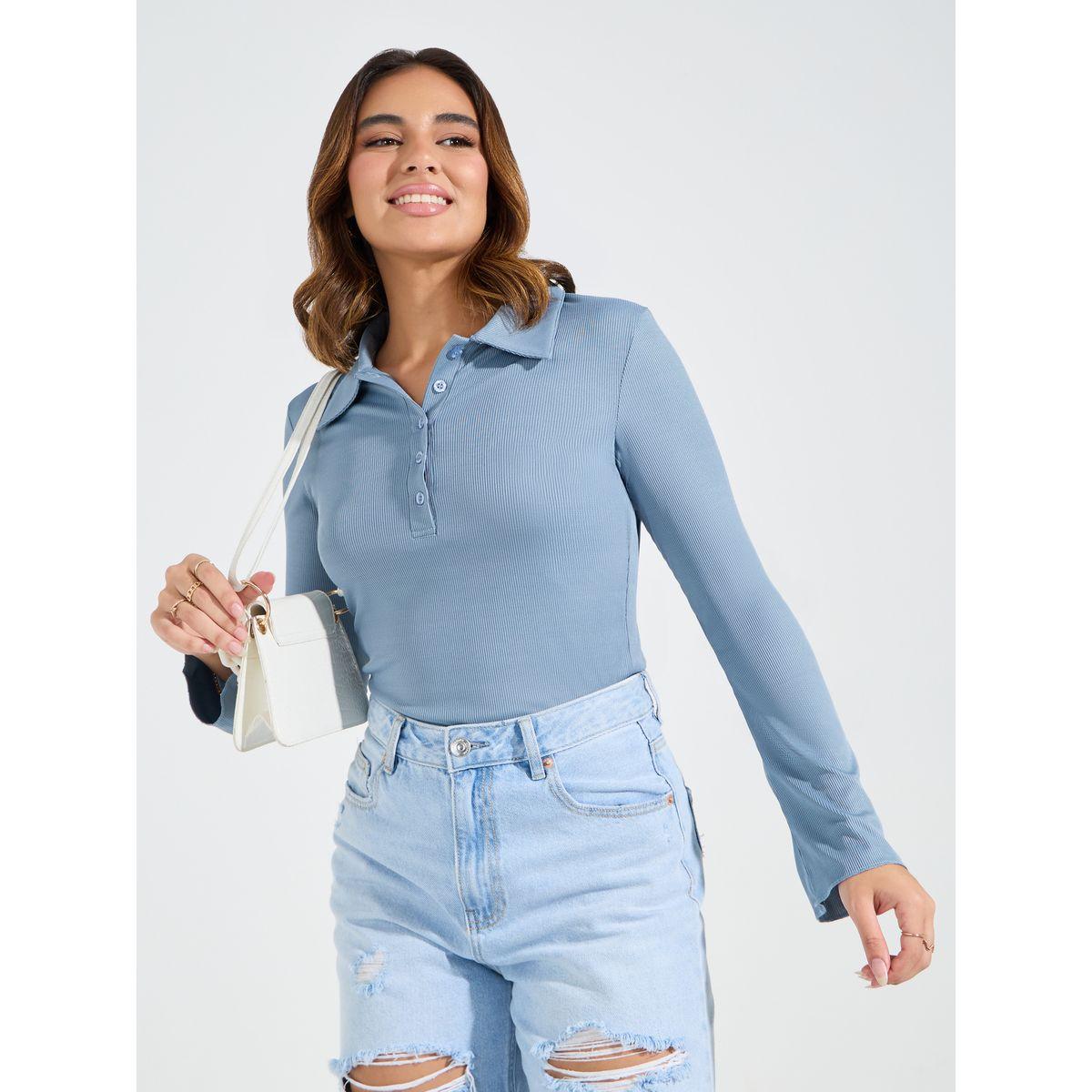 Styli Elevate Rib Fitted Polo T-Shirt with Button Placket-women-clothing-tshirts-image-1
