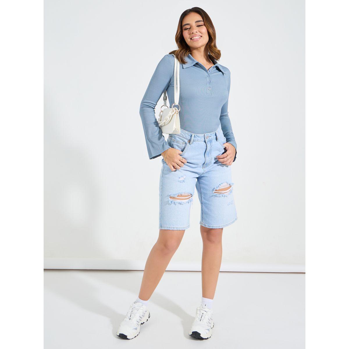 Styli Elevate Rib Fitted Polo T-Shirt with Button Placket-women-clothing-tshirts-image-2