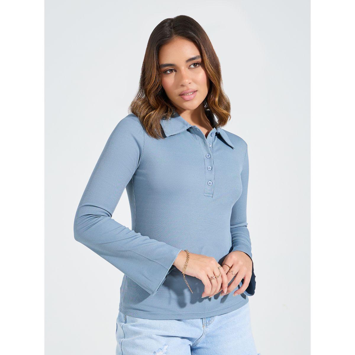 Styli Elevate Rib Fitted Polo T-Shirt with Button Placket-women-clothing-tshirts-image-3