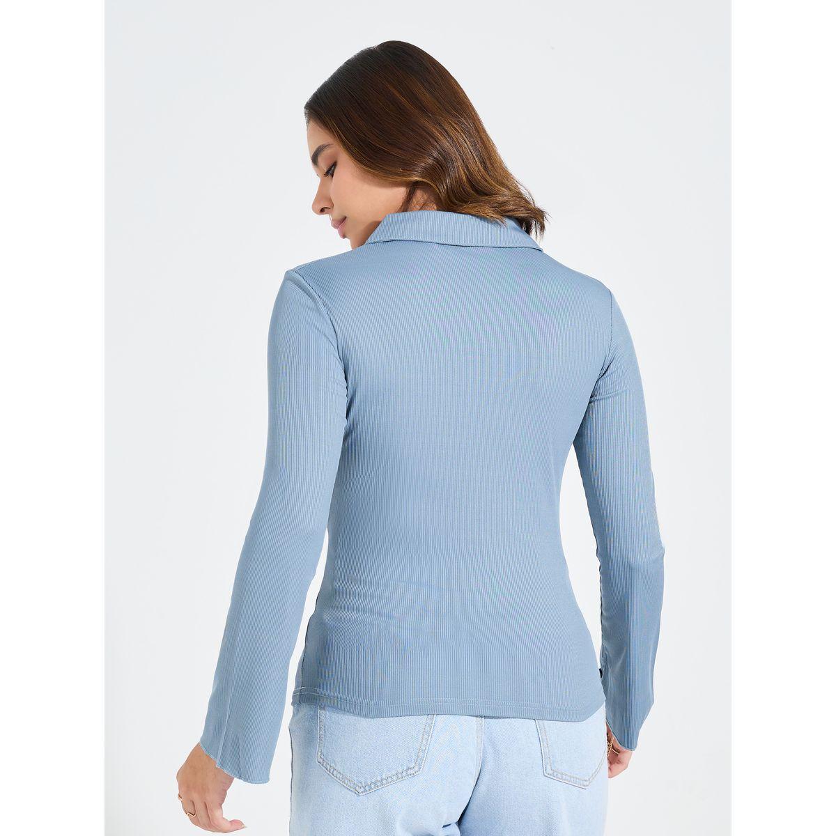 Styli Elevate Rib Fitted Polo T-Shirt with Button Placket-women-clothing-tshirts-image-5