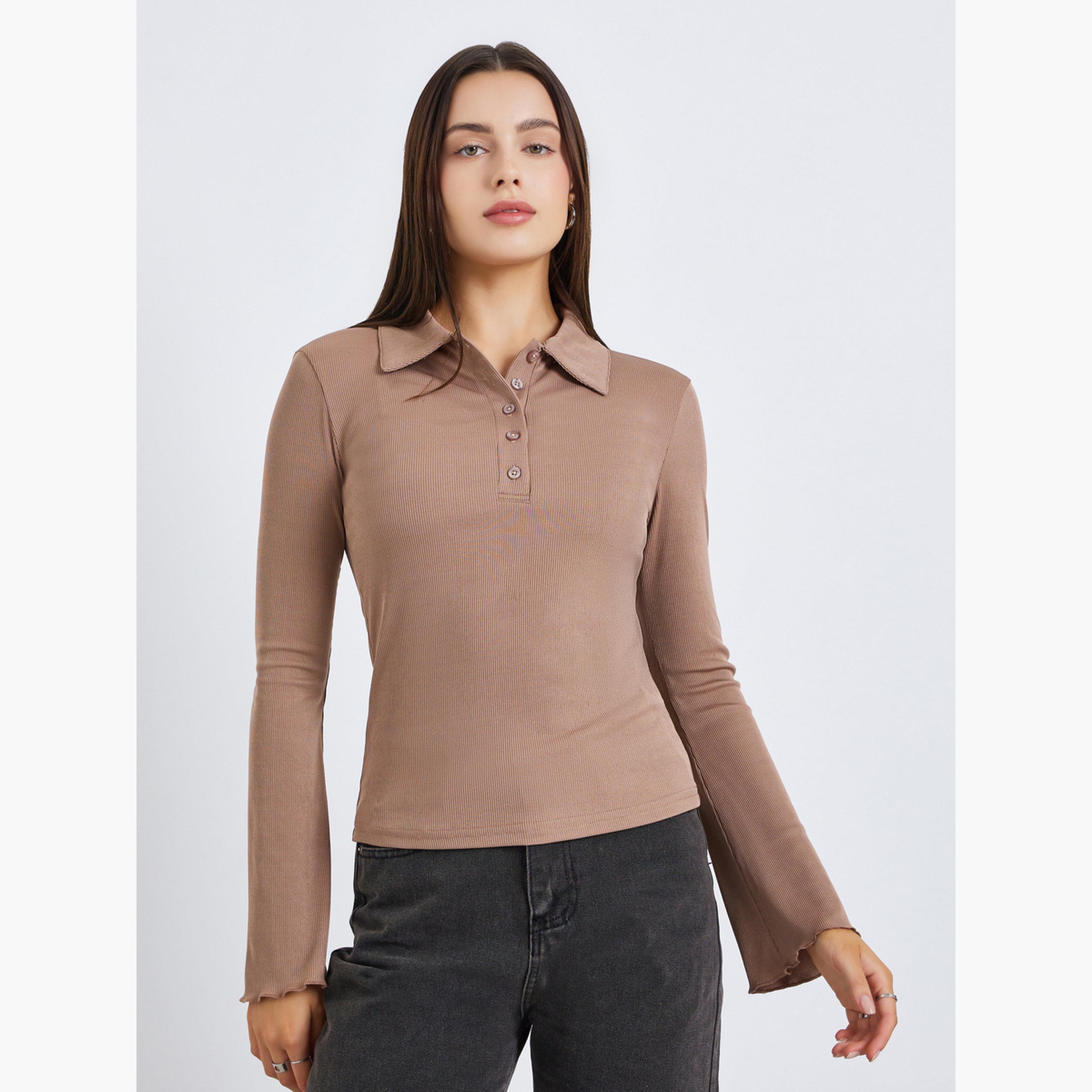 Styli Women Brown Ribbed Polo T-Shirt-women-clothing-tshirts-image-1