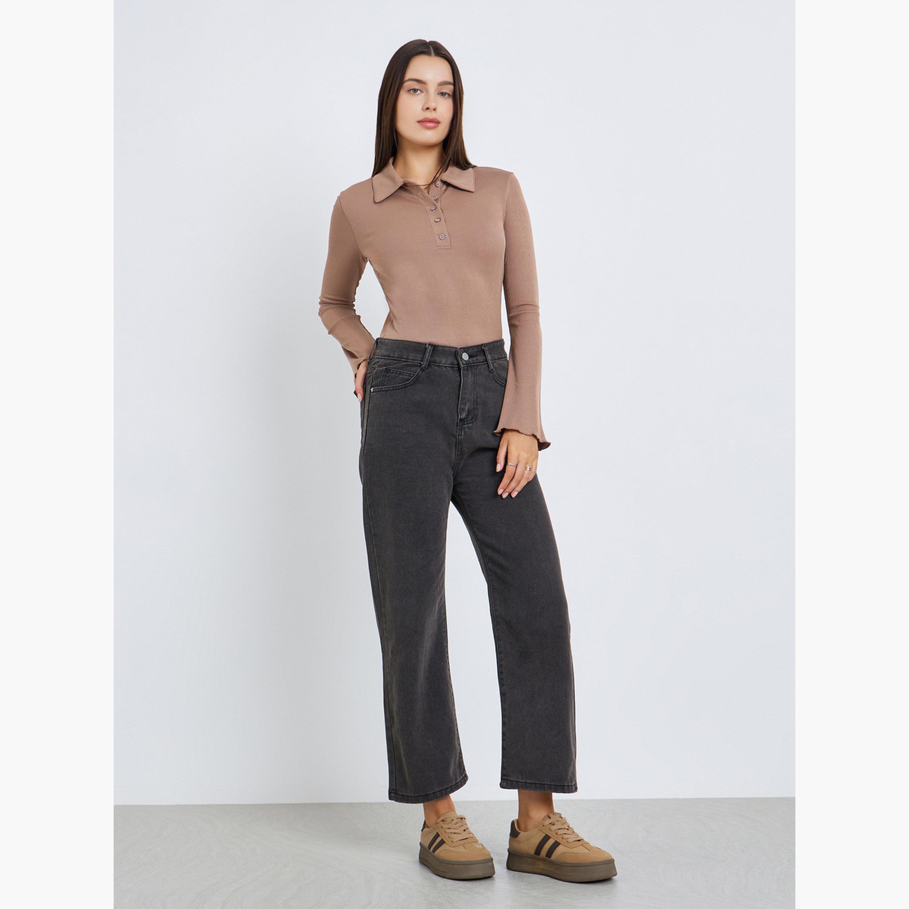 Styli Women Brown Ribbed Polo T-Shirt-women-clothing-tshirts-image-2
