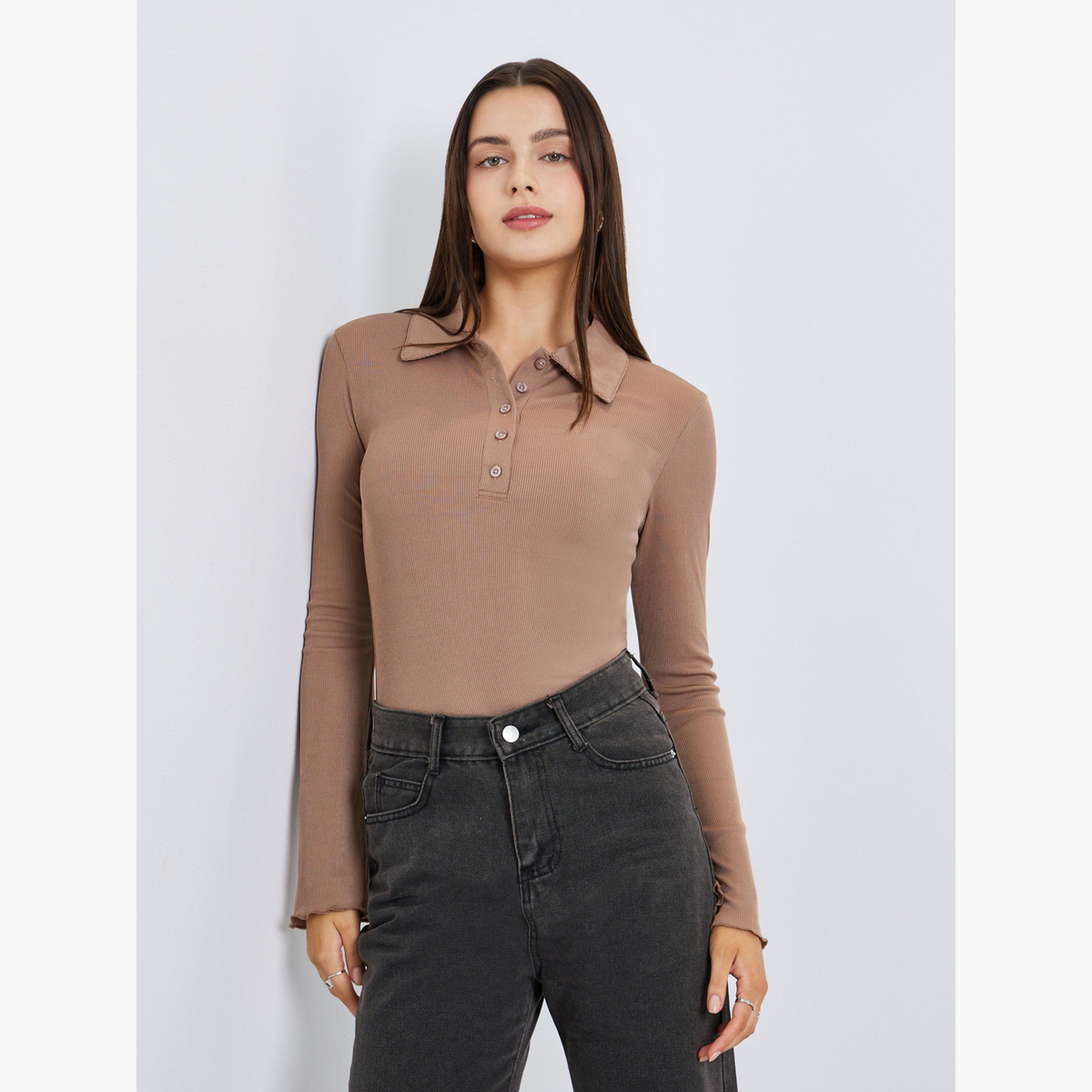 Styli Women Brown Ribbed Polo T-Shirt-women-clothing-tshirts-image-3