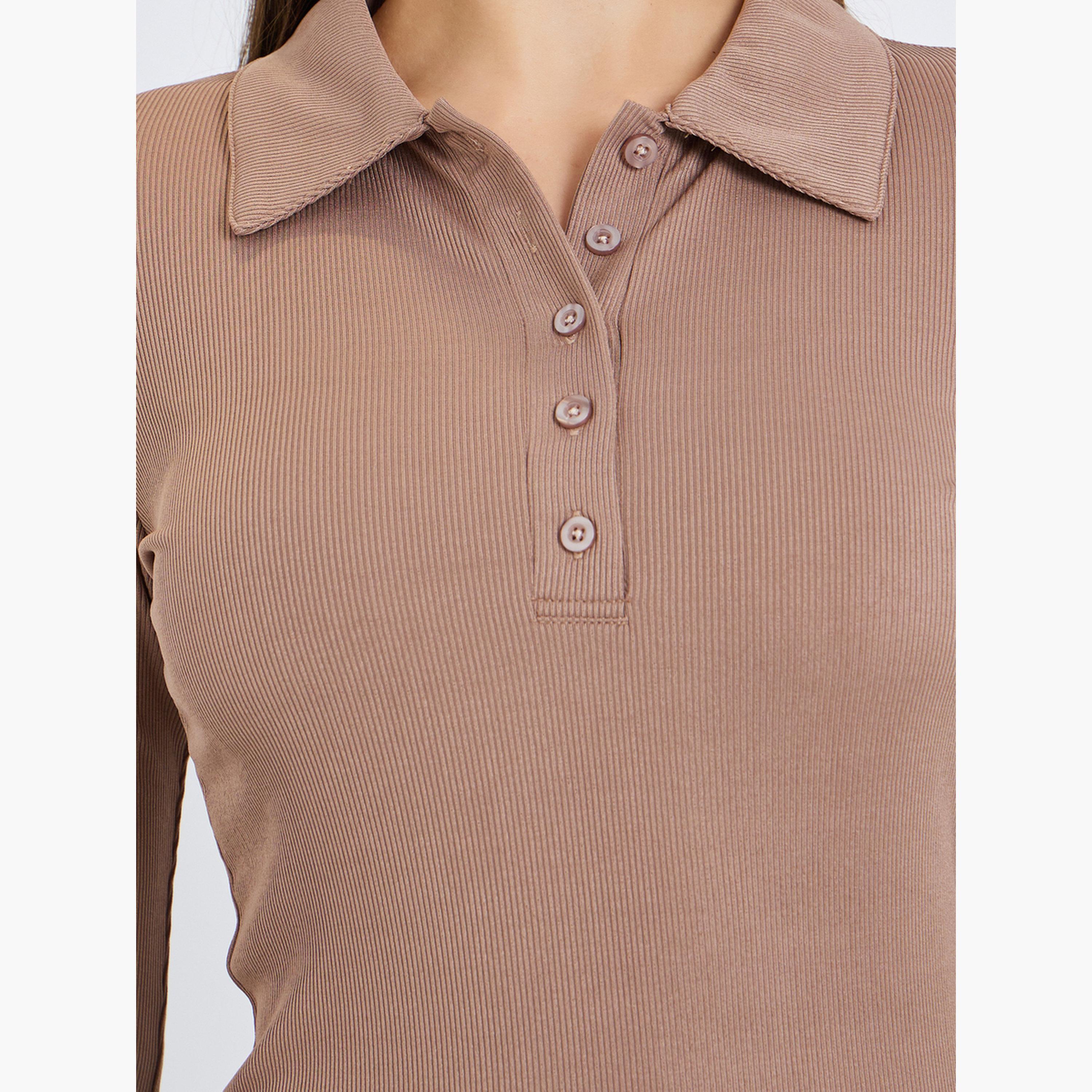 Styli Women Brown Ribbed Polo T-Shirt-women-clothing-tshirts-image-4