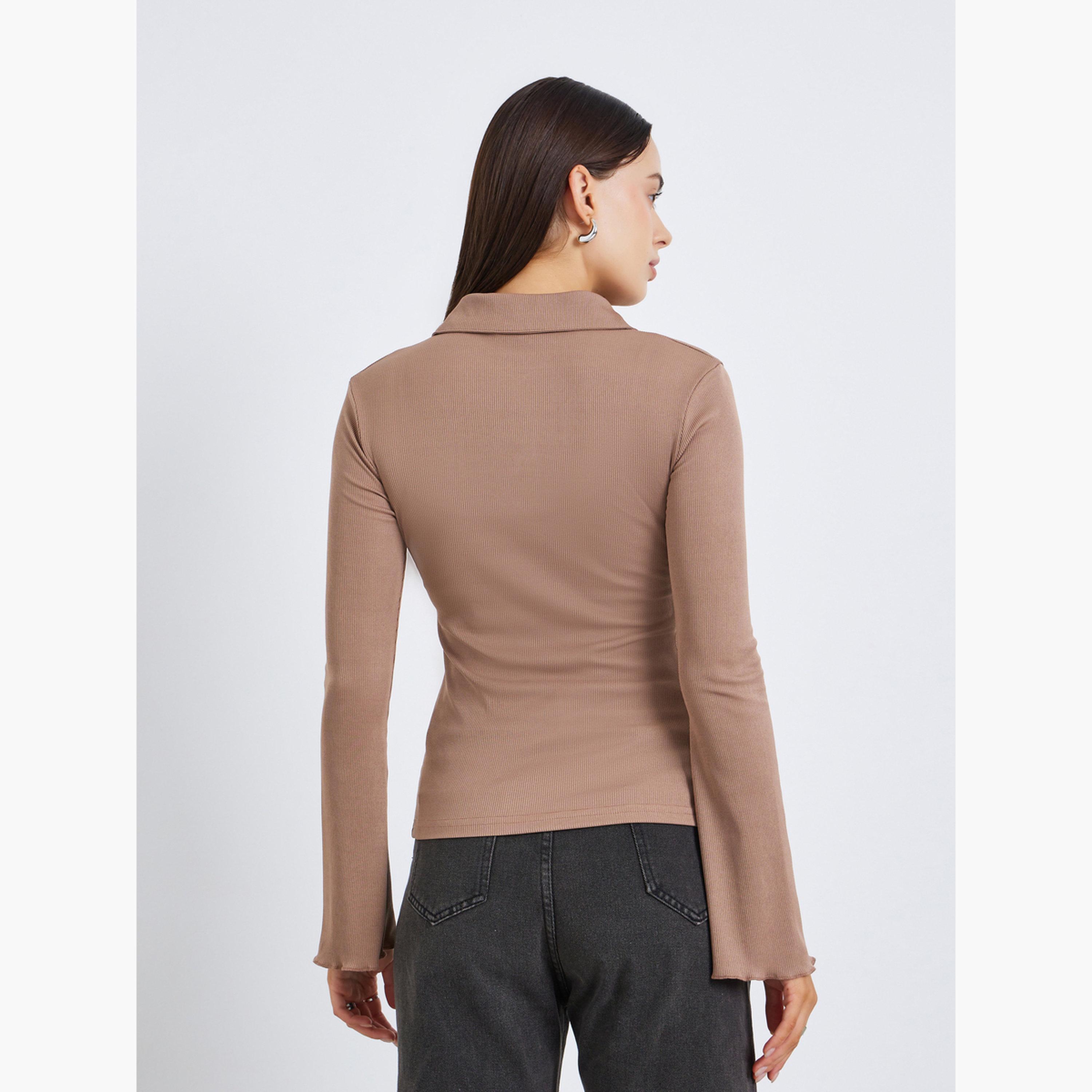 Styli Women Brown Ribbed Polo T-Shirt-women-clothing-tshirts-image-5