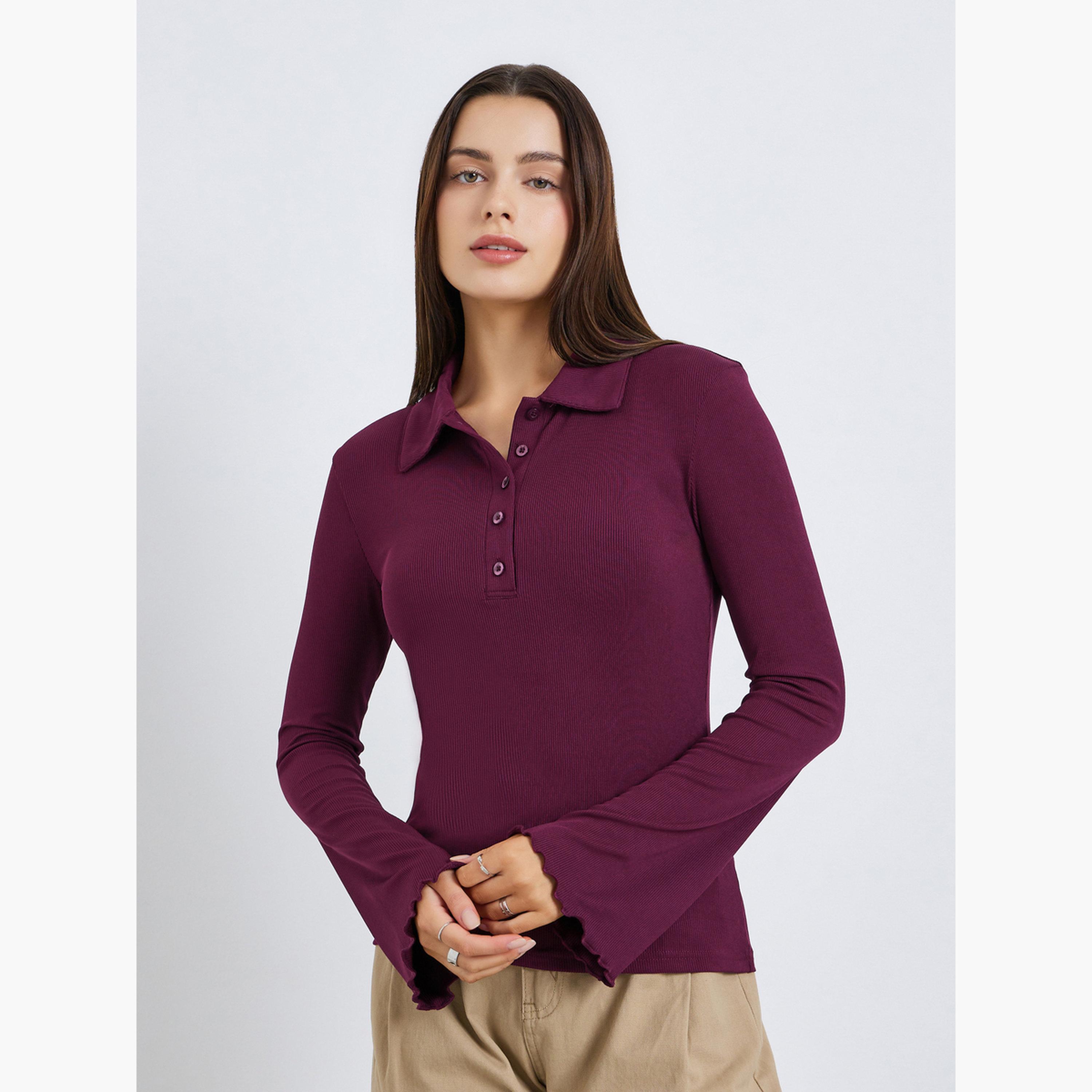 Styli Women Burgundy Ribbed Polo T-Shirt-women-clothing-tshirts-image-1