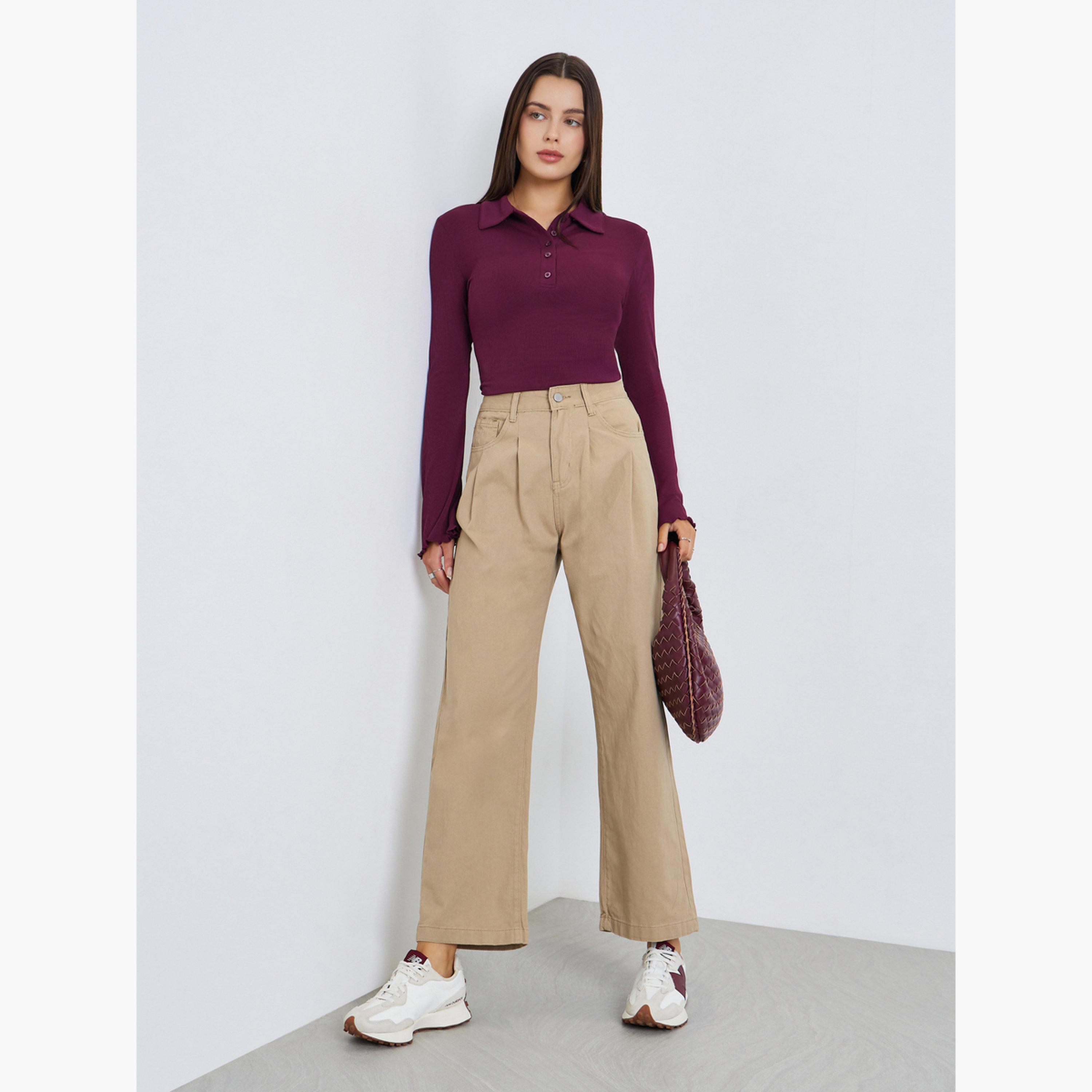 Styli Women Burgundy Ribbed Polo T-Shirt-women-clothing-tshirts-image-2