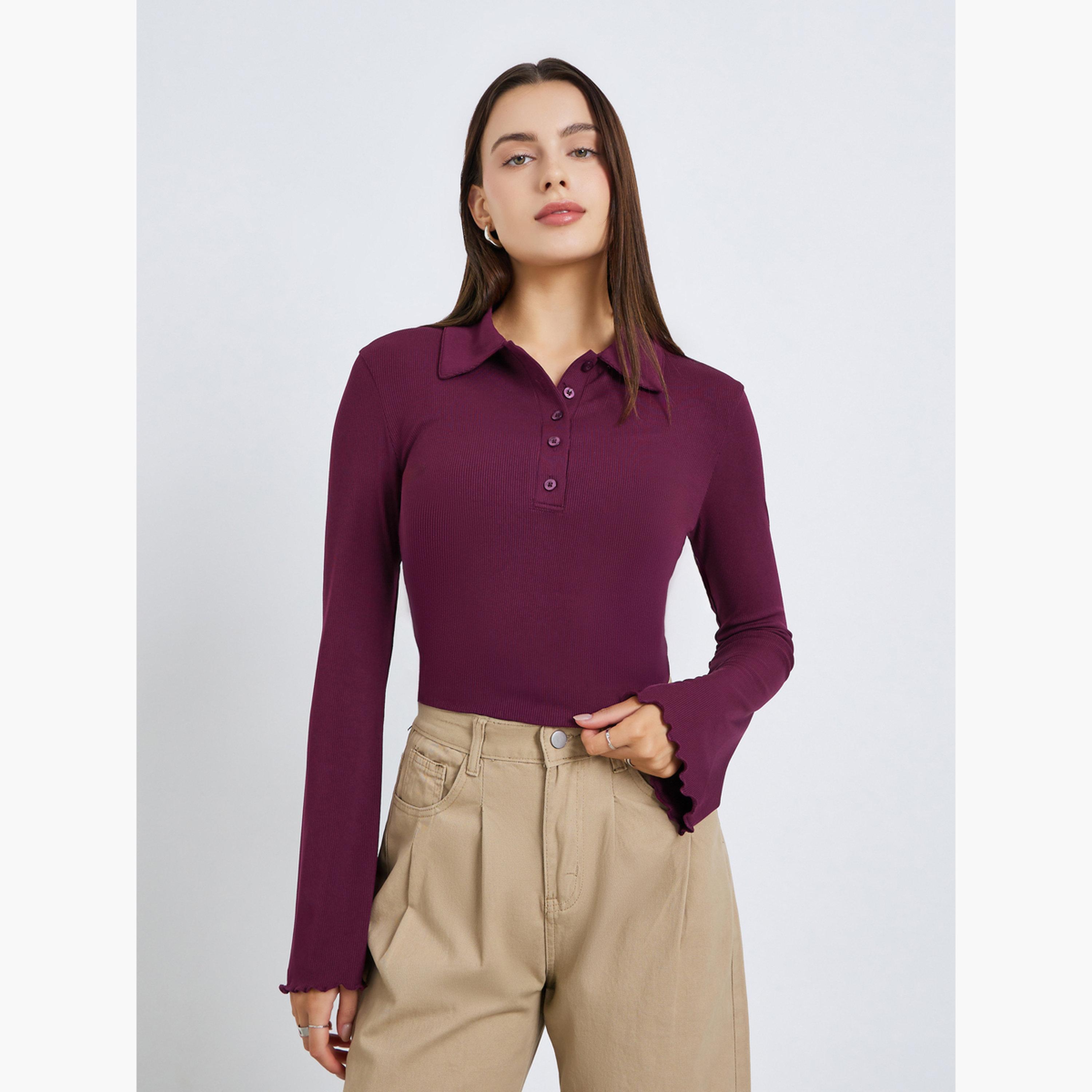 Styli Women Burgundy Ribbed Polo T-Shirt-women-clothing-tshirts-image-3