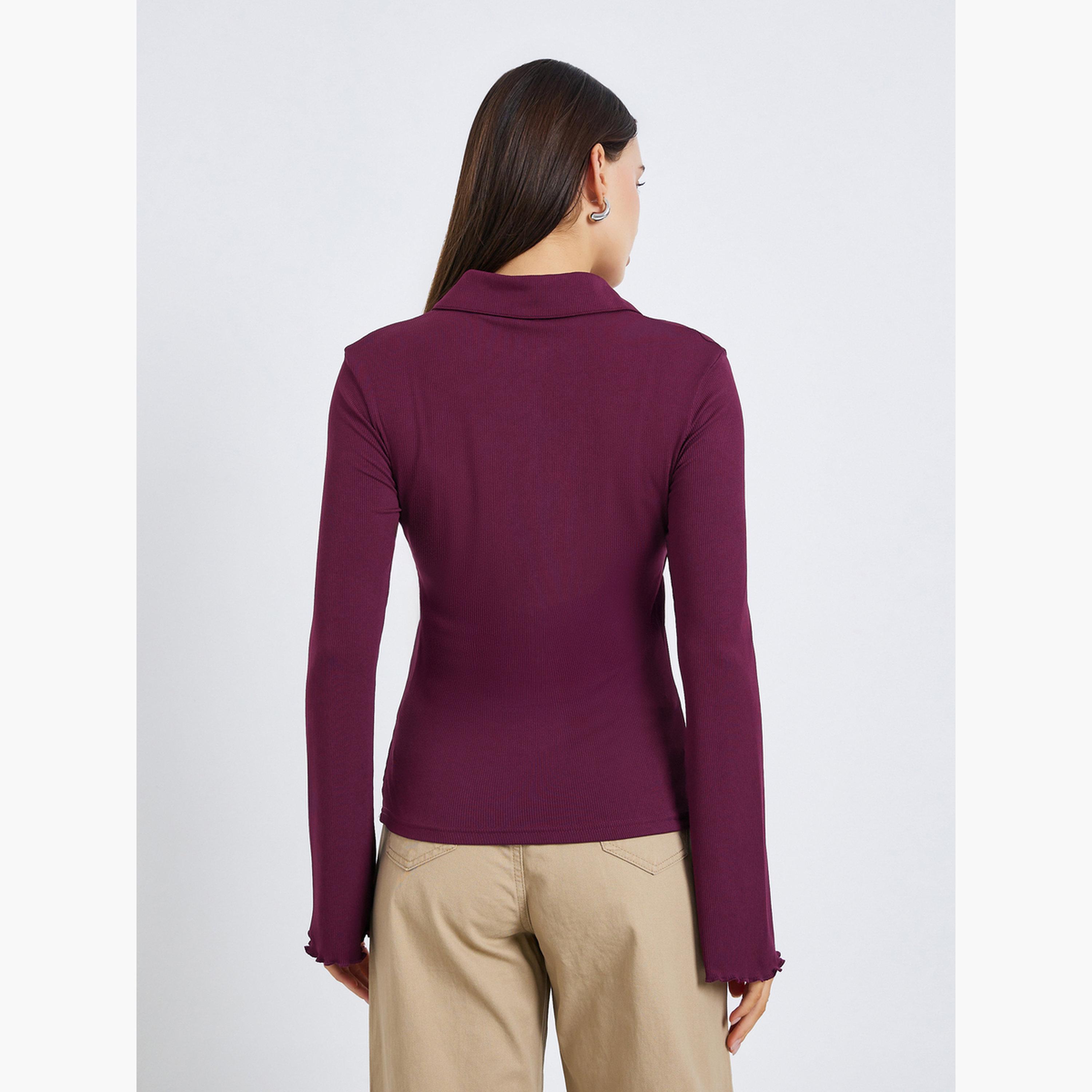 Styli Women Burgundy Ribbed Polo T-Shirt-women-clothing-tshirts-image-5