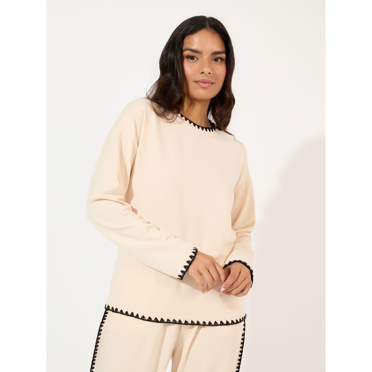 Styli Unwind Contrast Stitch Long Sleeve Top & Wide Leg Lounge Set-women-clothing-coordsets-image-2