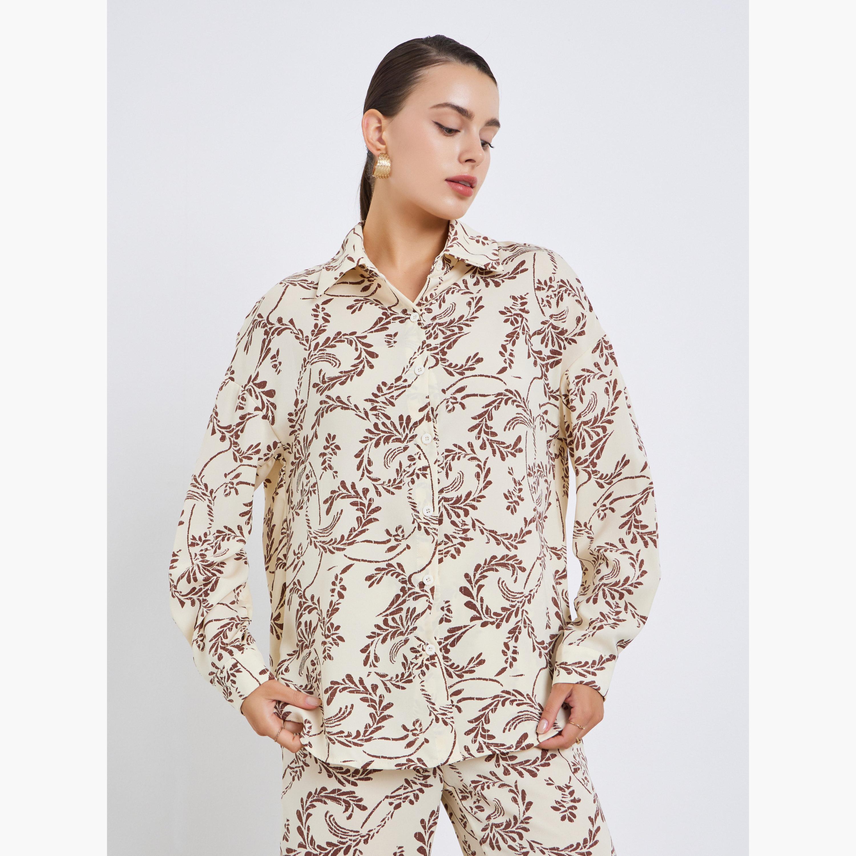 Styli Leaf Print Oversized Shirt and Flared Pants Co-Ords-women-clothing-coordsets-image-2