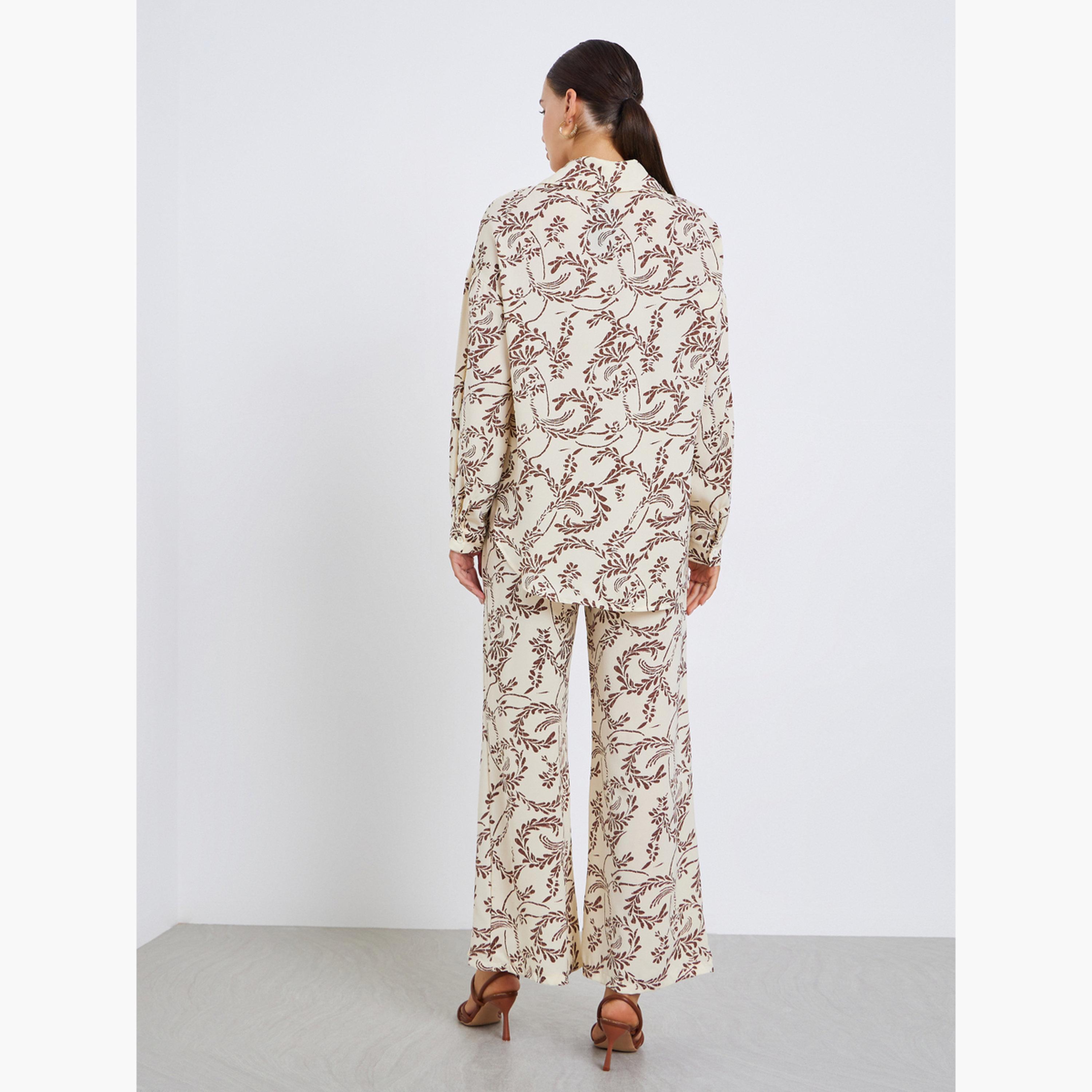 Styli Leaf Print Oversized Shirt and Flared Pants Co-Ords-women-clothing-coordsets-image-3