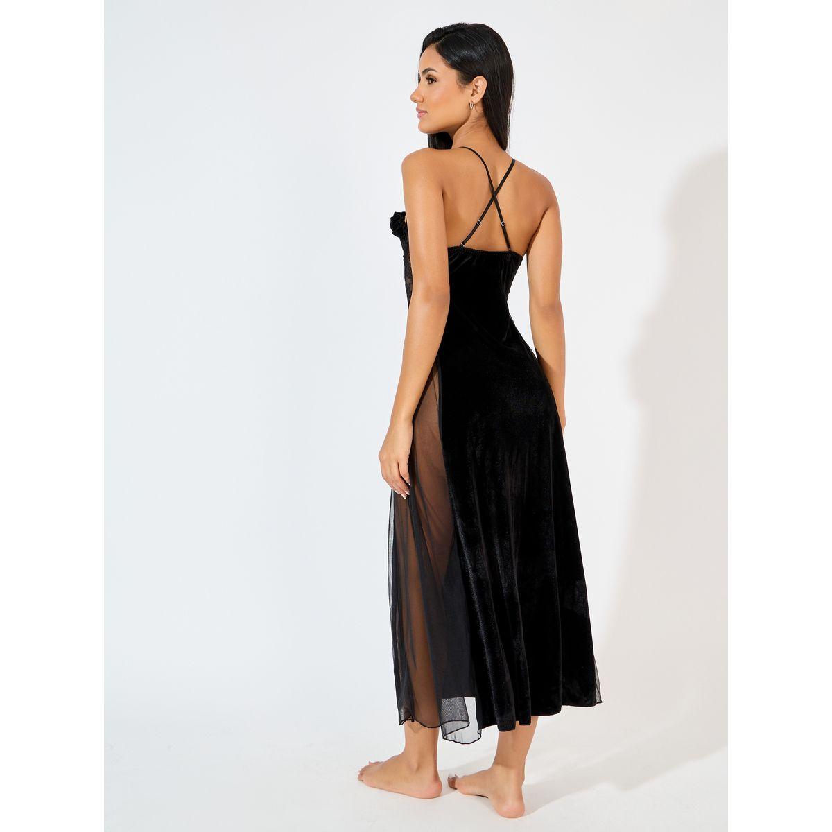 Styli Ruffle Edge Apex Strap Bow Detail Velvet & Mesh Front Slit Maxi Babydoll-women-clothing-lingerie-babydollsandbodysuits-image-3