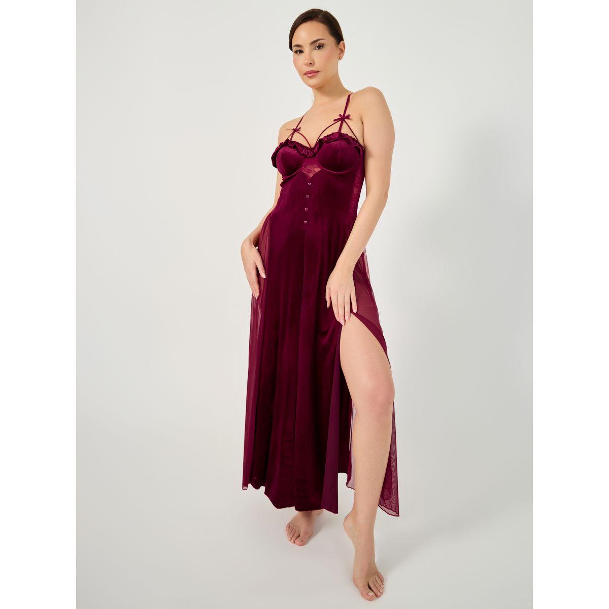Styli Ruffle Edge Apex Strap Bow Detail Velvet and Mesh Front Slit Maxi Babydoll-women-clothing-lingerie-babydollsandbodysuits-image-1