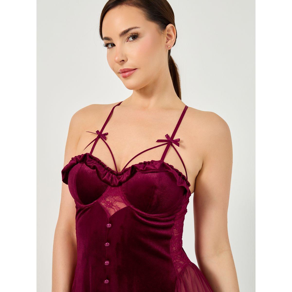 Styli Ruffle Edge Apex Strap Bow Detail Velvet and Mesh Front Slit Maxi Babydoll-women-clothing-lingerie-babydollsandbodysuits-image-2