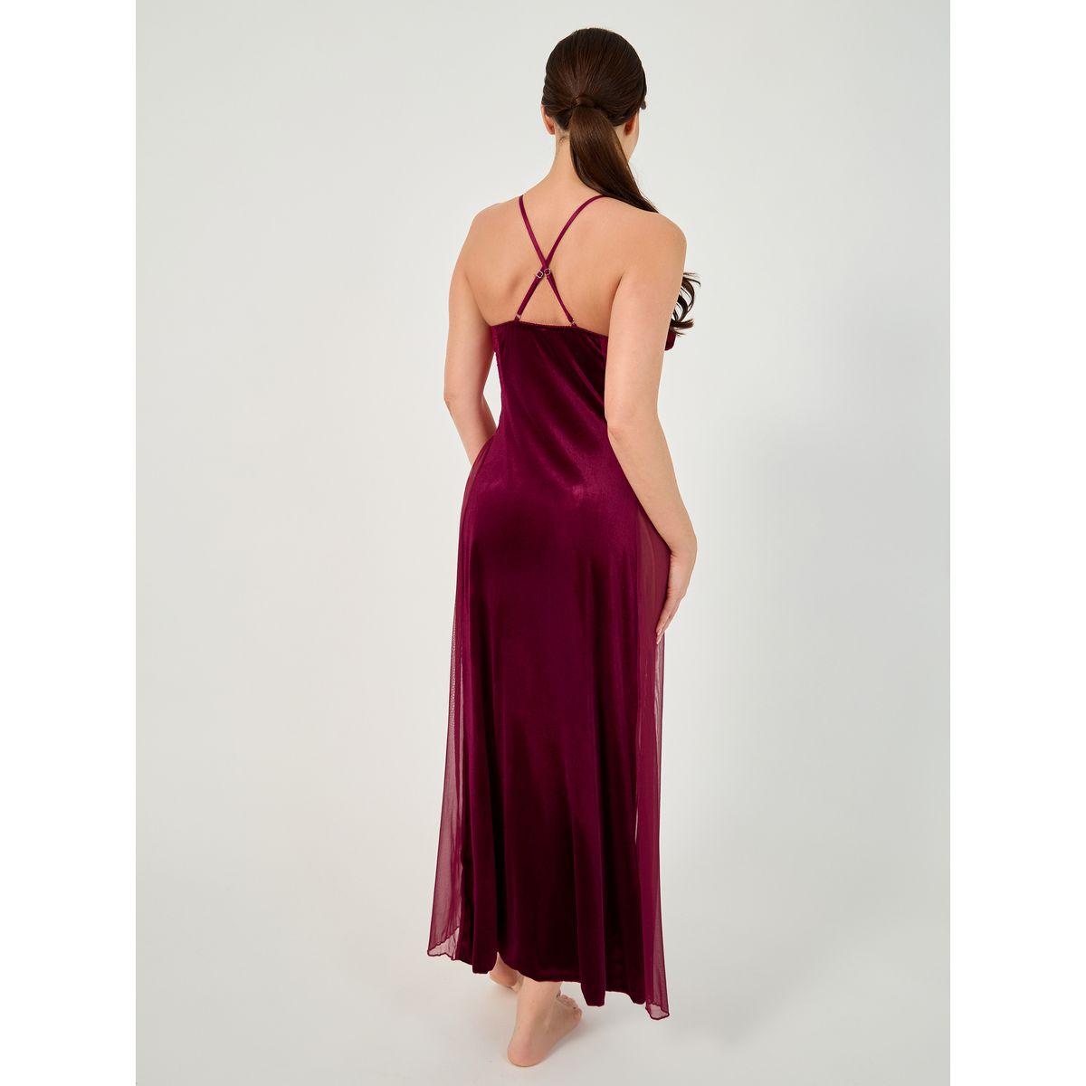 Styli Ruffle Edge Apex Strap Bow Detail Velvet and Mesh Front Slit Maxi Babydoll-women-clothing-lingerie-babydollsandbodysuits-image-3