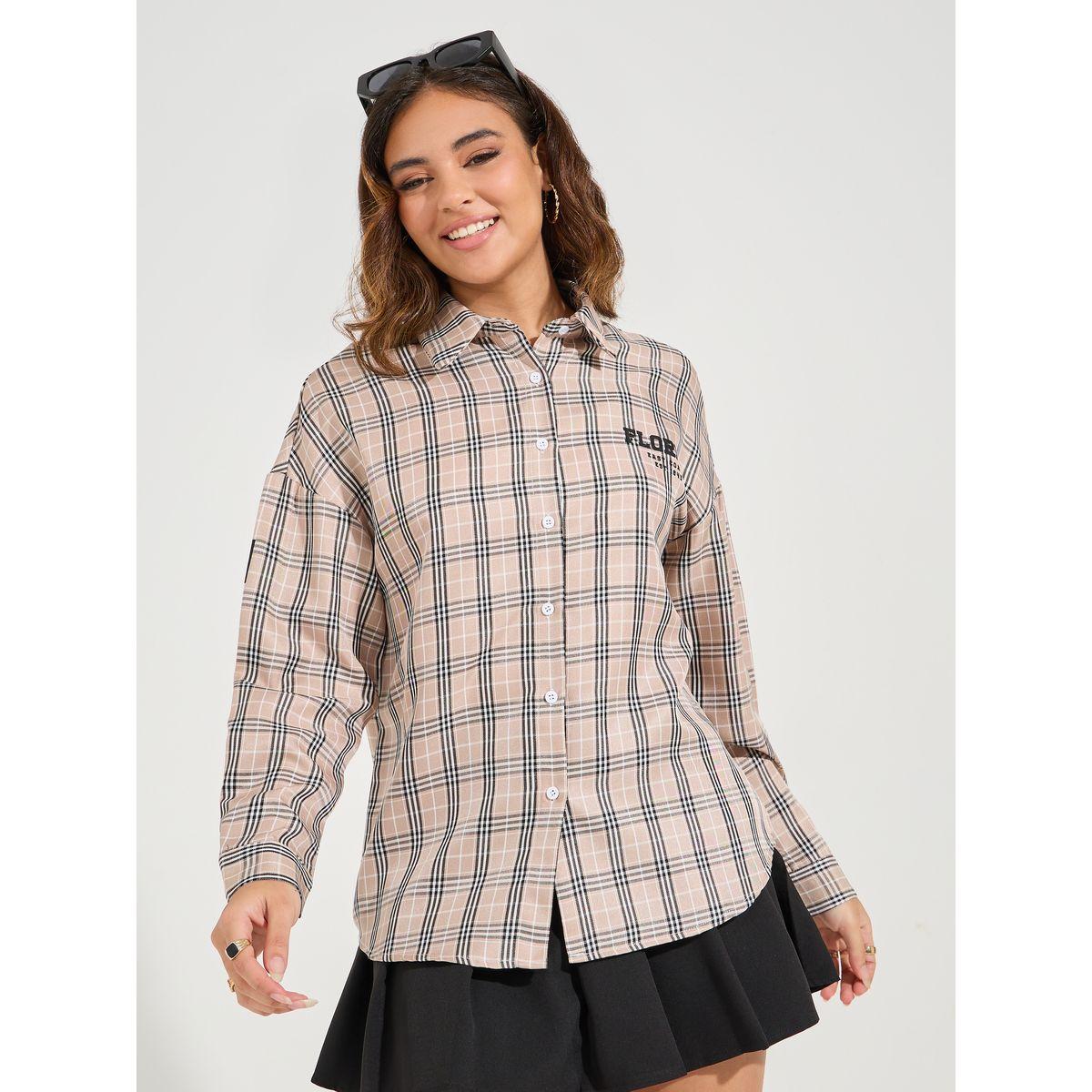 بلوزة فضفاضة بطبعة مربعات مع اكتاف منخفضة-women-clothing-shirtsandblouses-shirts-image-4