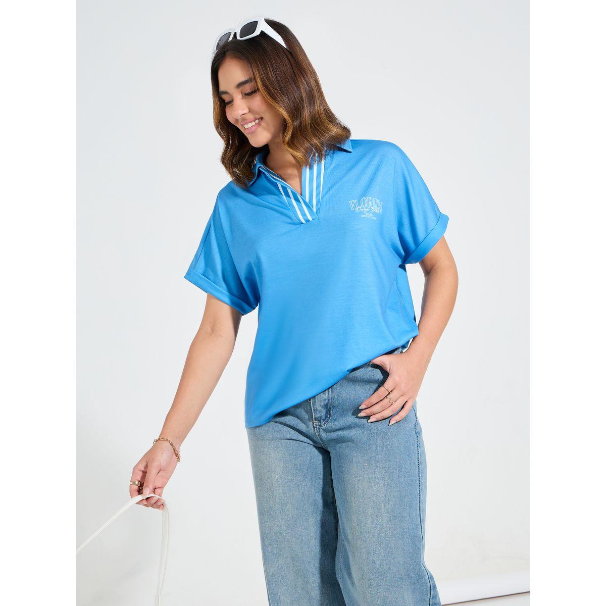 تيشيرت مطبع باكتاف ممتدة واكمام بحافة مطوية-women-clothing-tshirts-image-1