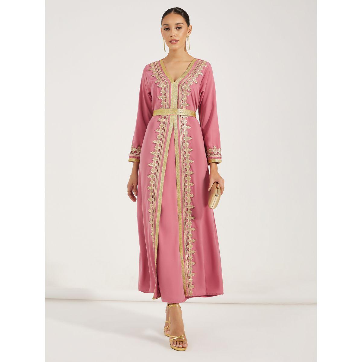 Maxim Creation X Styli  Lace Detail Kaftan with Tie Detail-women-arabicclothing-kaftan-image-1