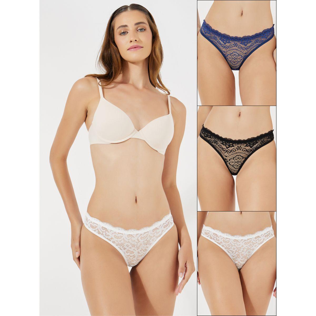Styli Pack of 3 - All Over Floral Lace Scalloped Edge Thongs-women-clothing-lingerie-panties-image-1