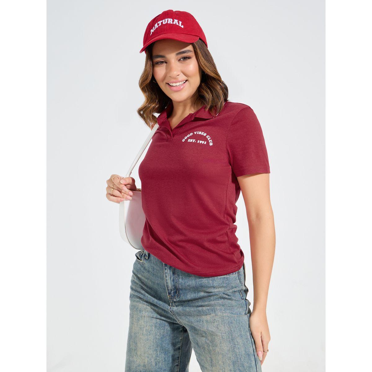Styli Elevate Regular Fit Slogan Print Polo T-Shirt-women-clothing-tshirts-image-1