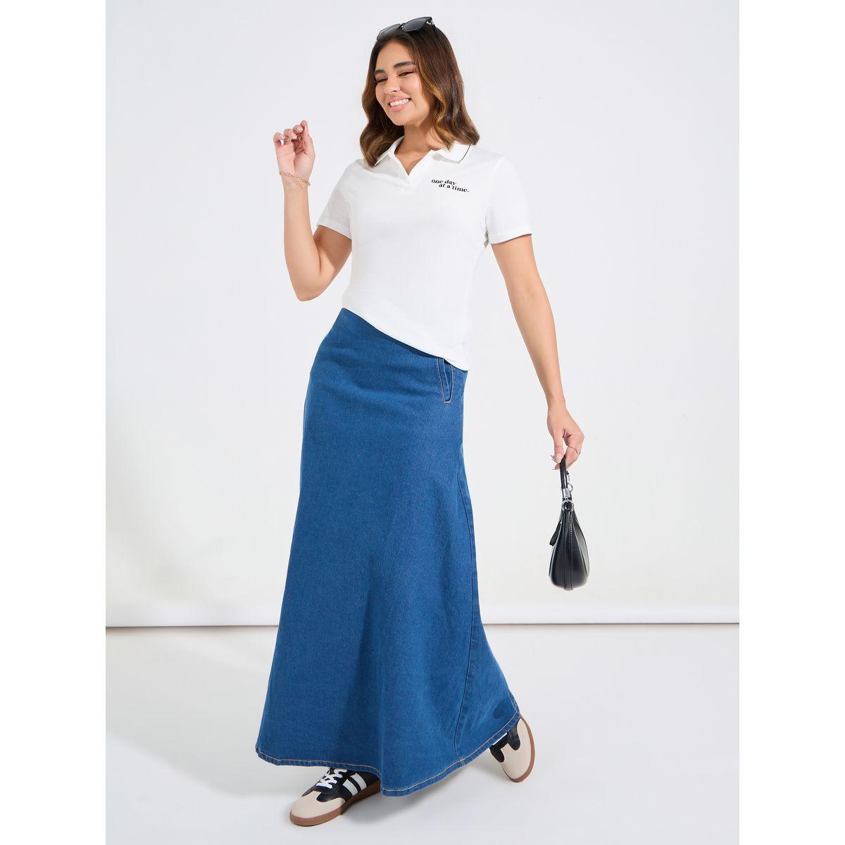 تيشيرت بياقة بولو مطبع بكتابة مع قصة عادية-women-clothing-tshirts-image-2