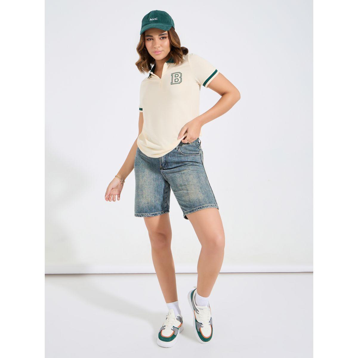 Styli Elevate Regular Fit Contrast Tip Rib Printed Polo T-Shirt-women-clothing-tshirts-image-2