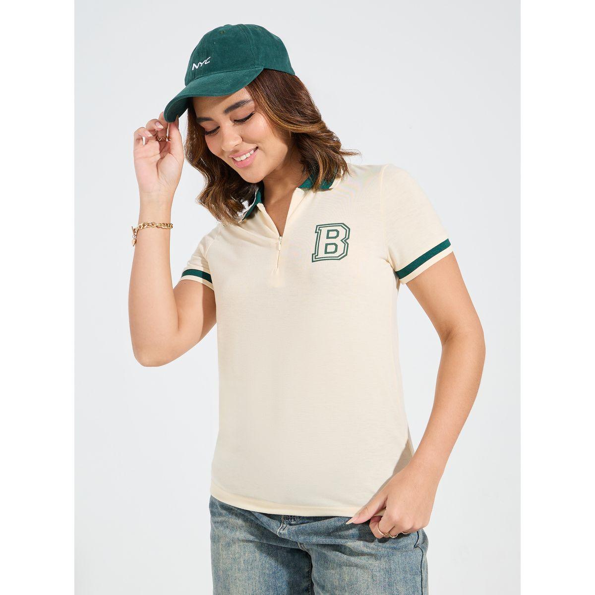Styli Elevate Regular Fit Contrast Tip Rib Printed Polo T-Shirt-women-clothing-tshirts-image-3
