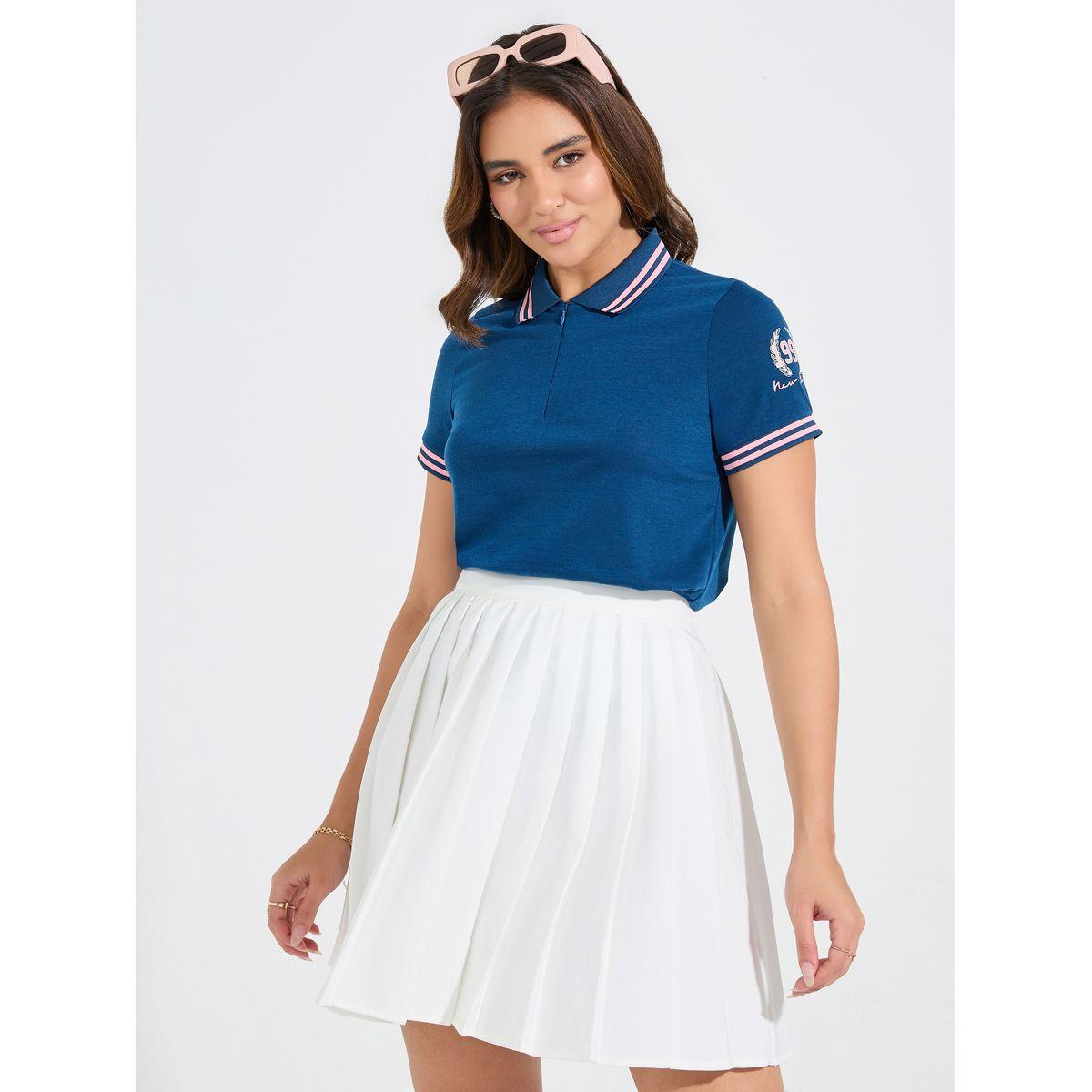 Styli Elevate Regular Fit Contrast Tip Rib Printed Polo T-Shirt-women-clothing-tshirts-image-1