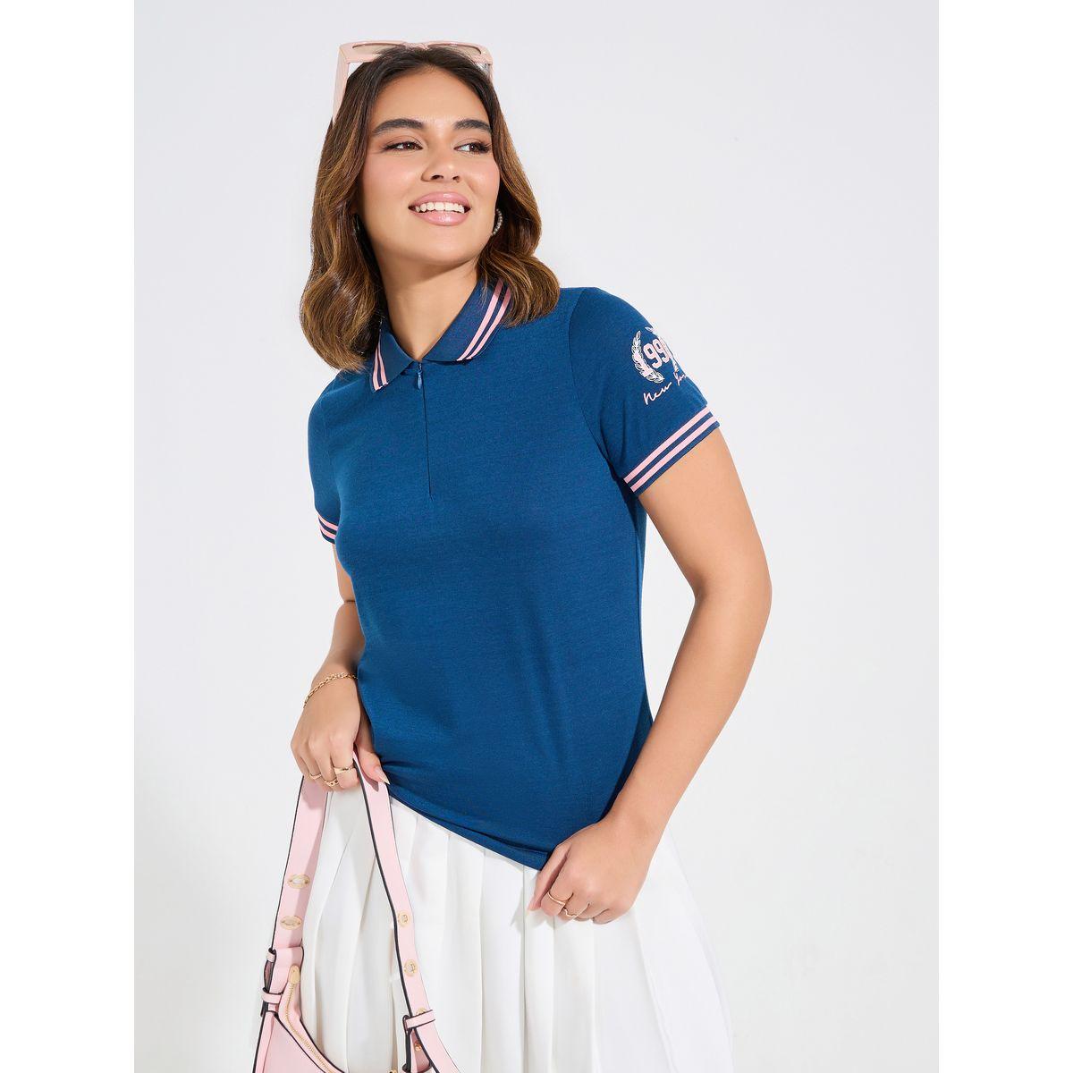 Styli Elevate Regular Fit Contrast Tip Rib Printed Polo T-Shirt-women-clothing-tshirts-image-4