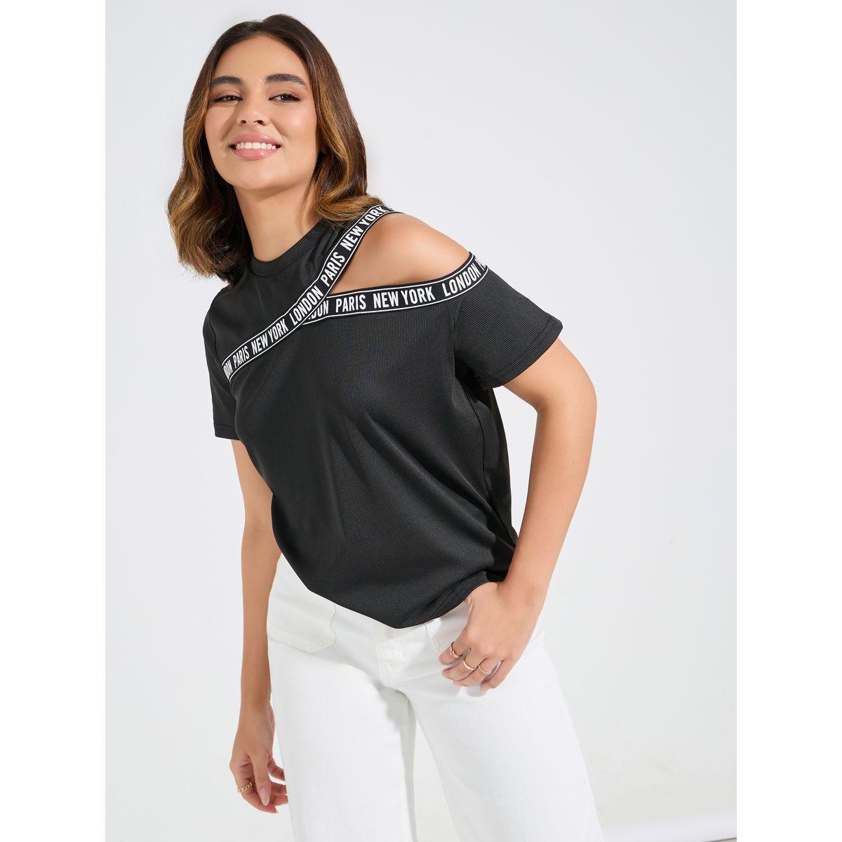 تيشيرت مزين باشرطة مطبعة مع قصة عادية-women-clothing-tshirts-image-1