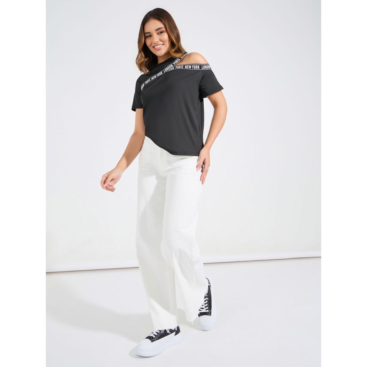 تيشيرت مزين باشرطة مطبعة مع قصة عادية-women-clothing-tshirts-image-2