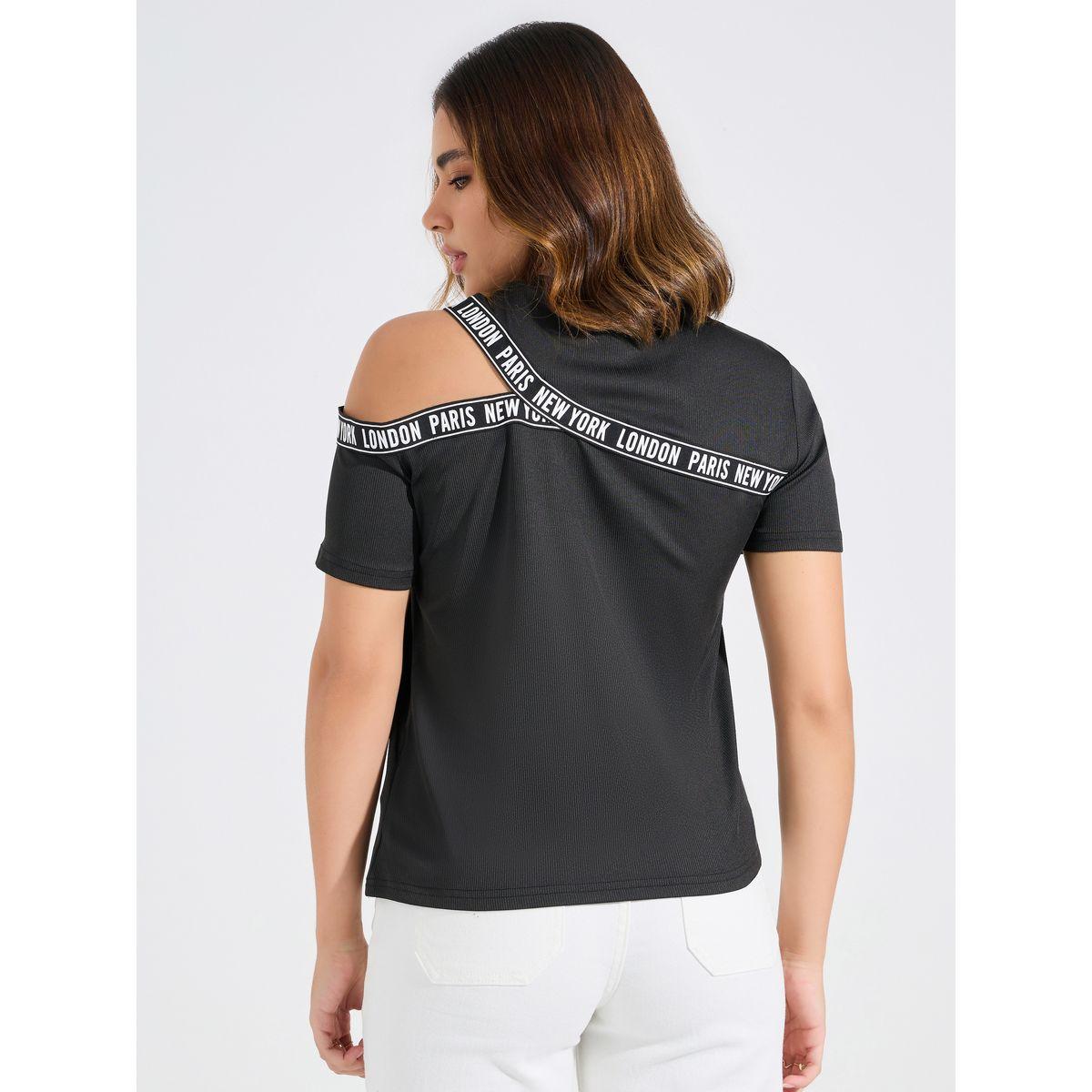 تيشيرت مزين باشرطة مطبعة مع قصة عادية-women-clothing-tshirts-image-5