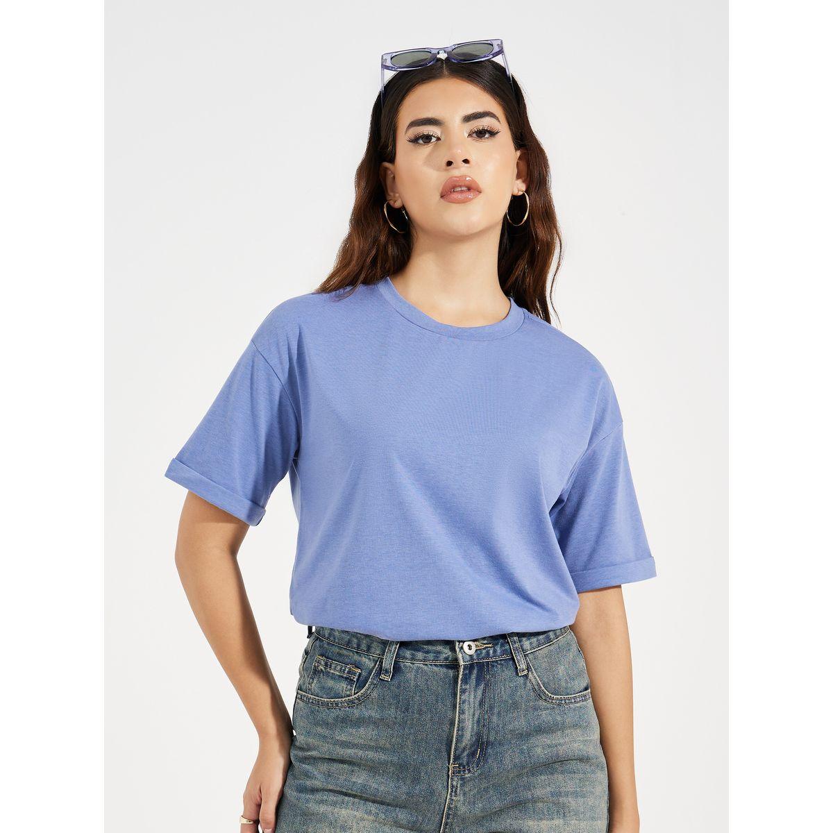 Styli Drop Shoulder Turn Up Sleeves Solid T-Shirt-women-clothing-tshirts-image-1