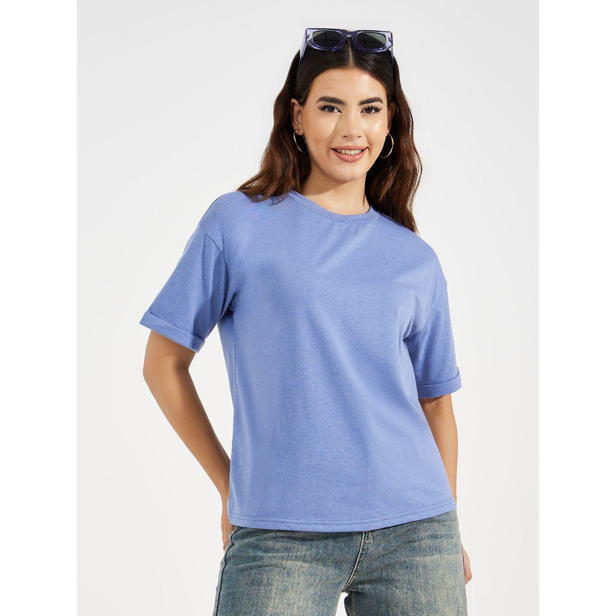 Styli Drop Shoulder Turn Up Sleeves Solid T-Shirt-women-clothing-tshirts-image-2