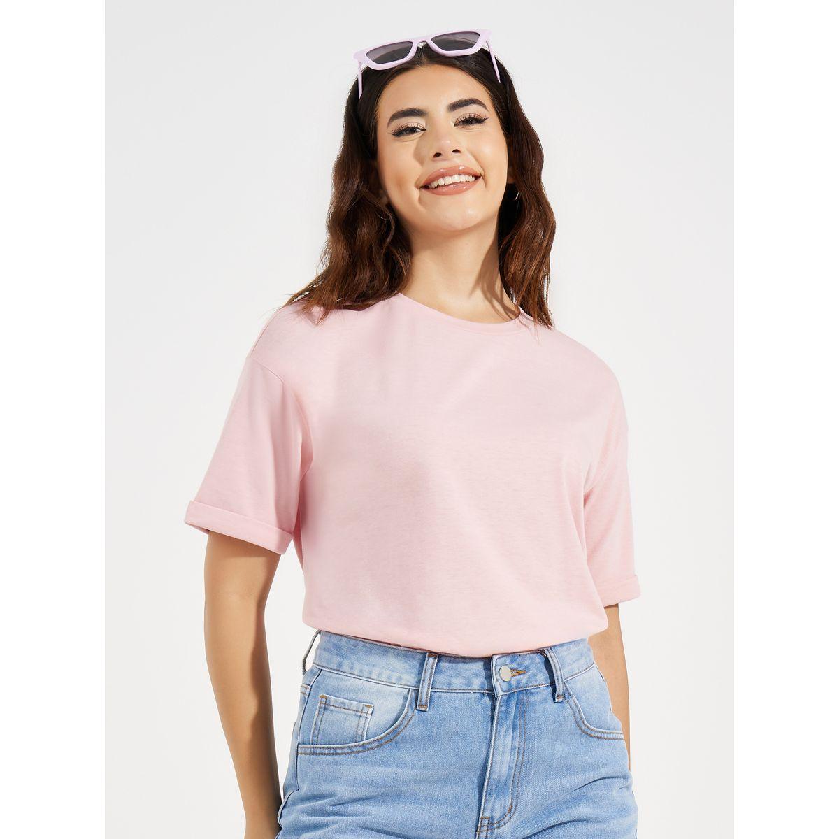 Styli Drop Shoulder Turn Up Sleeves Solid T-Shirt-women-clothing-tshirts-image-2