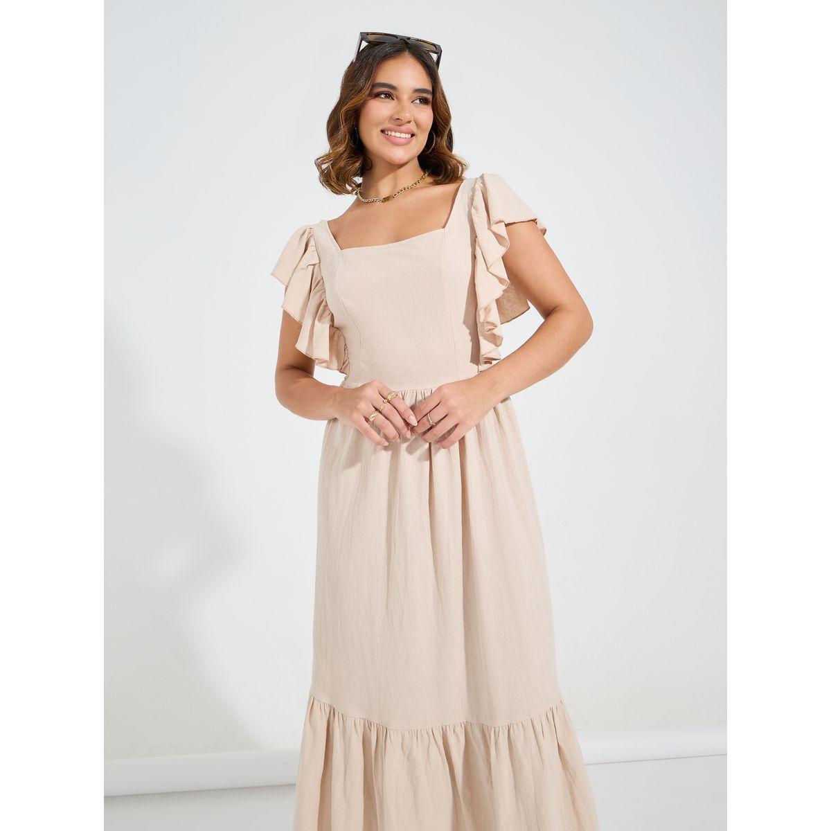 فستان ميدي سادة بكسرات وياقة مربعة-women-clothing-dresses-image-2