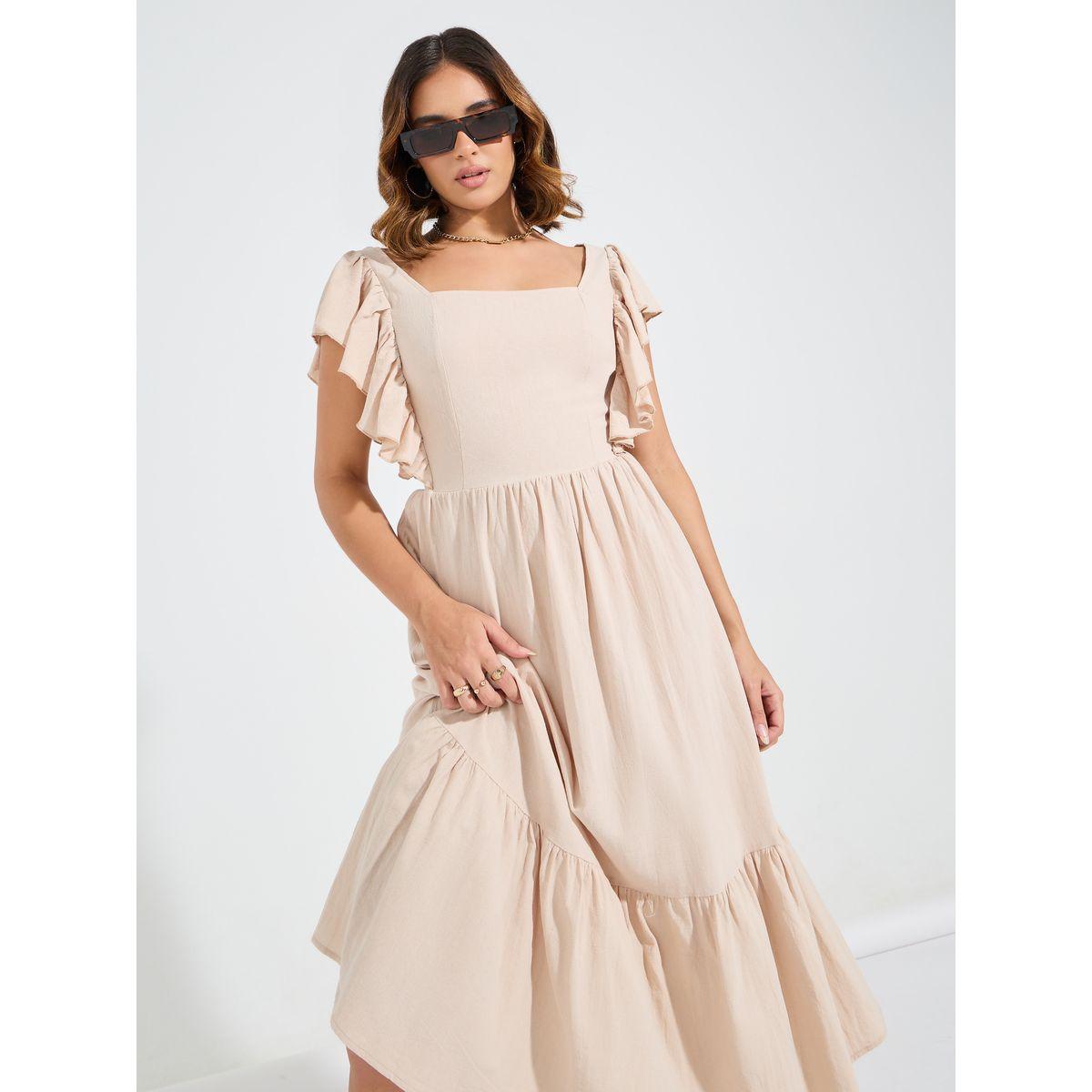 فستان ميدي سادة بكسرات وياقة مربعة-women-clothing-dresses-image-4