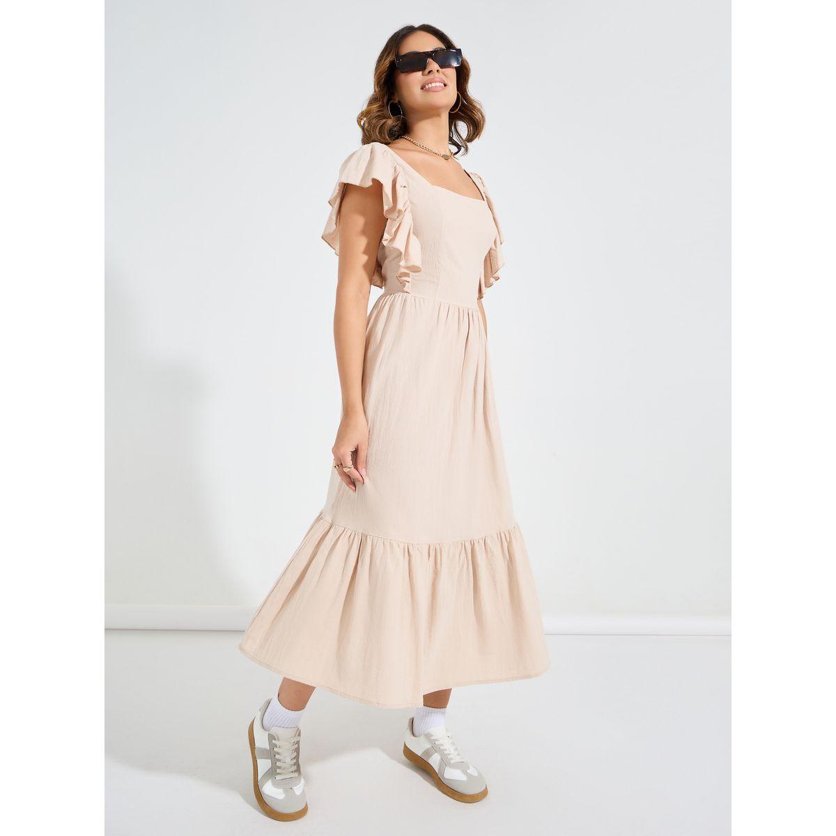 فستان ميدي سادة بكسرات وياقة مربعة-women-clothing-dresses-image-5