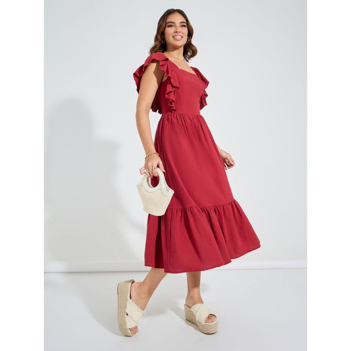 Styli Ruffled Square Neck A-Line Midi Dress-women-clothing-dresses-image-1