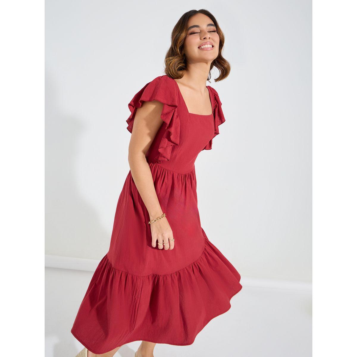 فستان ميدي بياقة مربعة مع كشكش-women-clothing-dresses-image-2