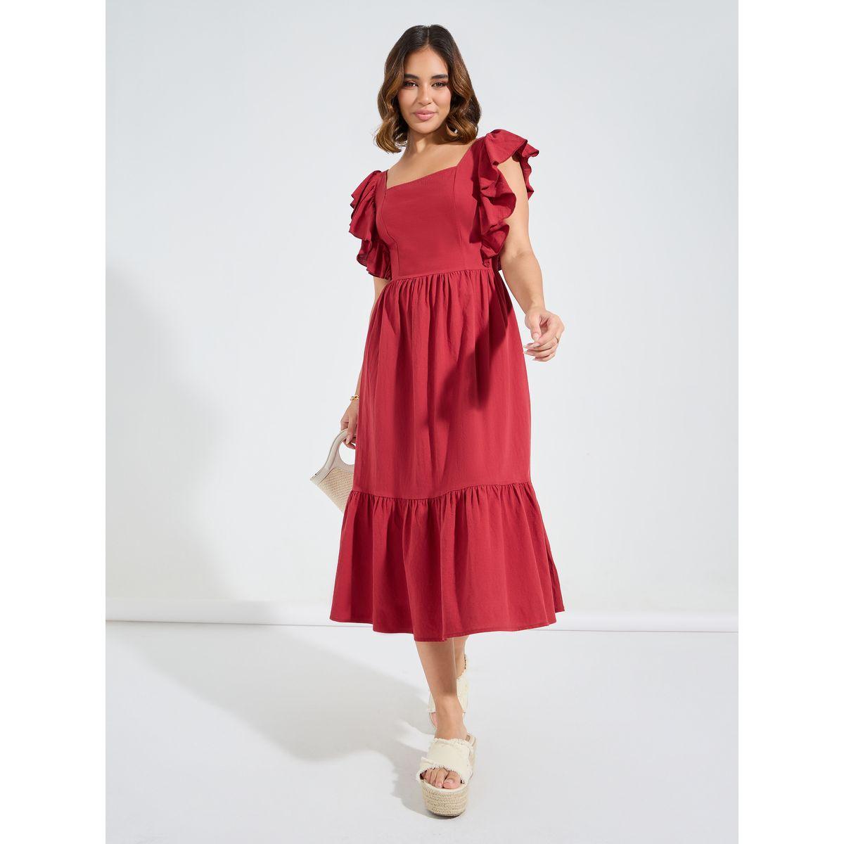 فستان ميدي بياقة مربعة مع كشكش-women-clothing-dresses-image-4