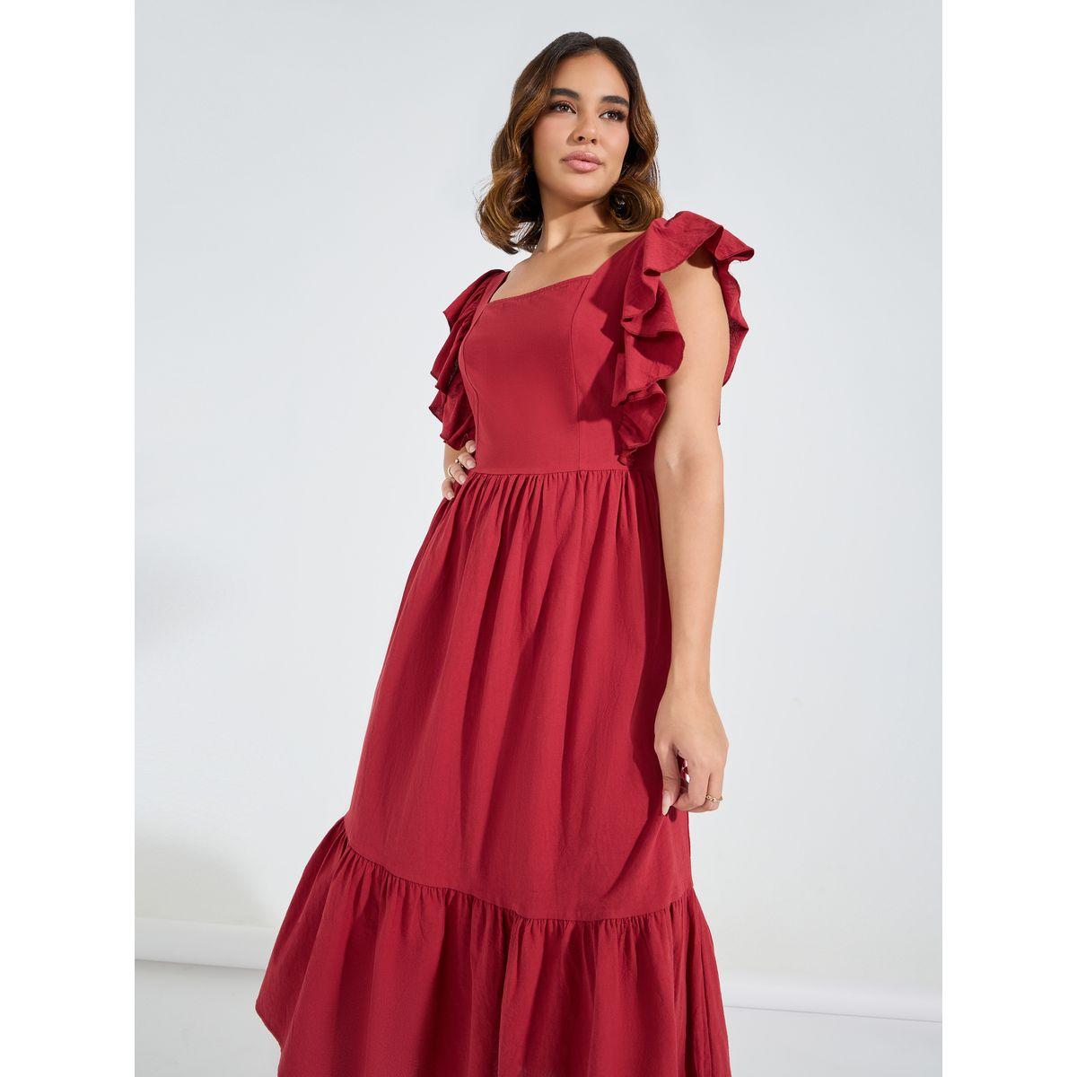 فستان ميدي بياقة مربعة مع كشكش-women-clothing-dresses-image-5