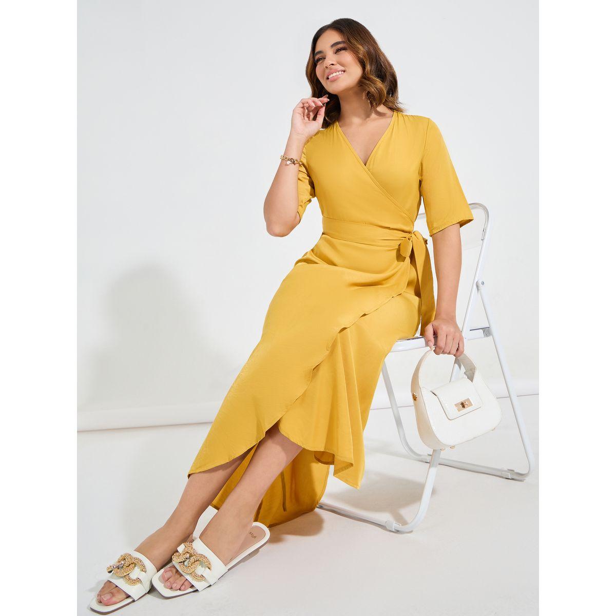 Styli Solid V Neck Wrap Midi Dress-women-clothing-dresses-image-1