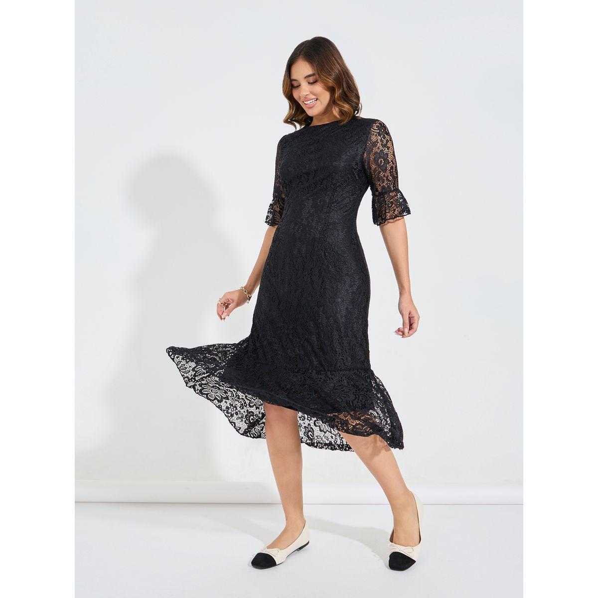 فستان ميدي سادة بتفاصيل دانتيل وكشكش-women-clothing-dresses-image-4