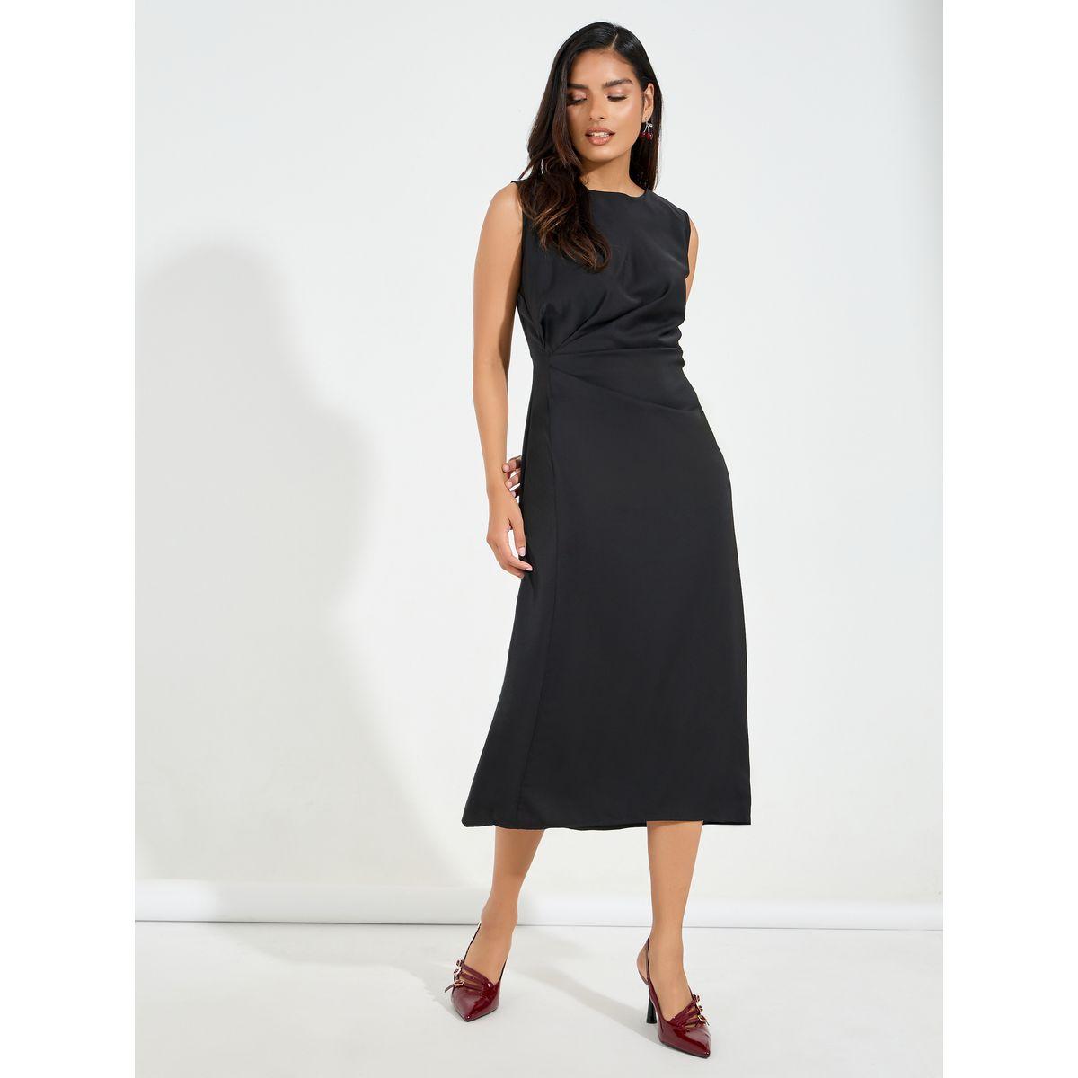 فستان ميدي بلا اكمام مع تفاصيل مزمومة-women-clothing-dresses-image-1