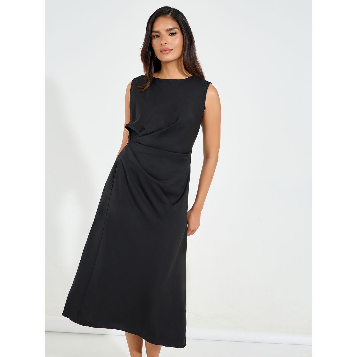 فستان ميدي بلا اكمام مع تفاصيل مزمومة-women-clothing-dresses-image-2